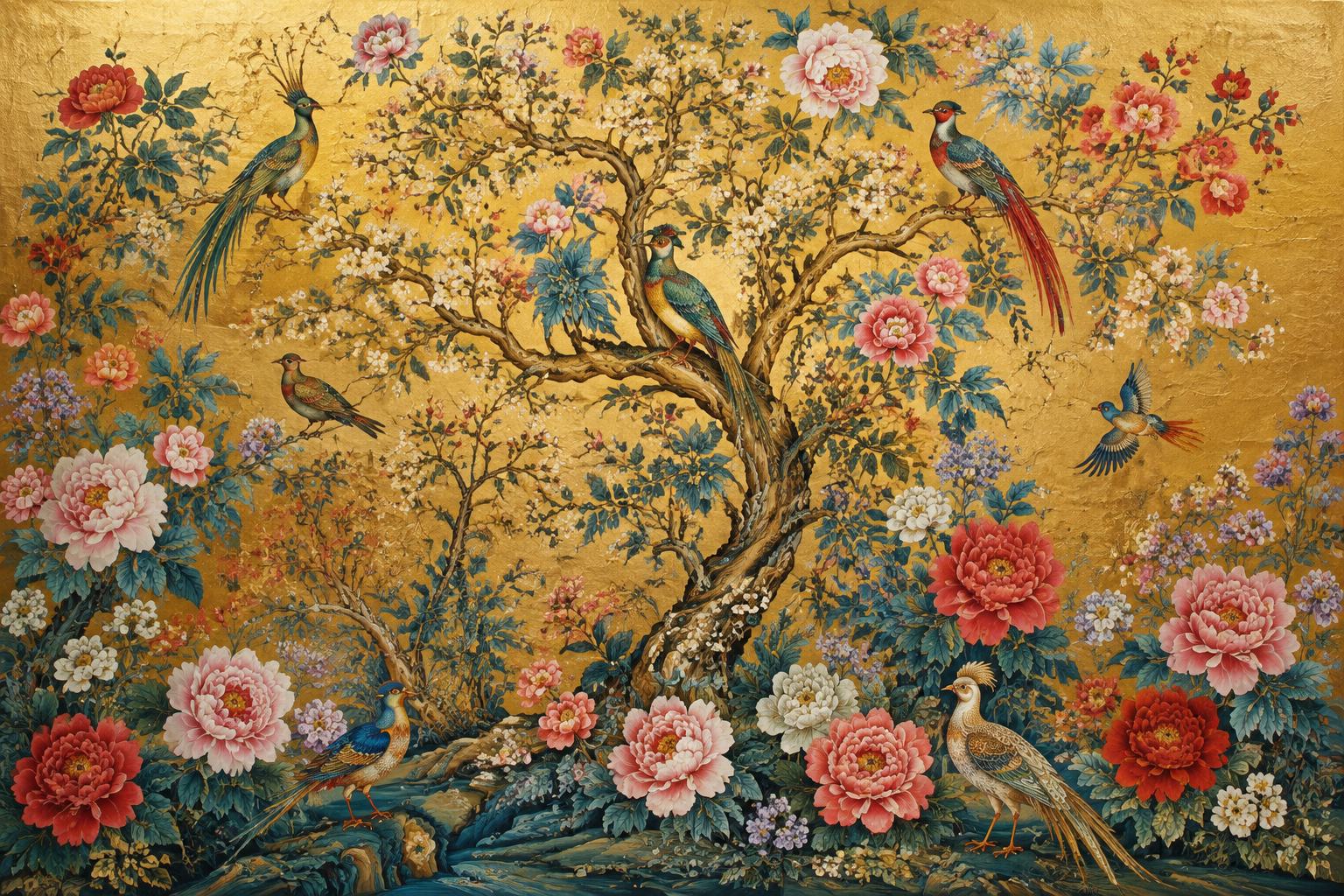 Chinese Imperial Flower & Bird Gold Framed Canvas Wall Art | Chinoiserie Peacock Peony Print