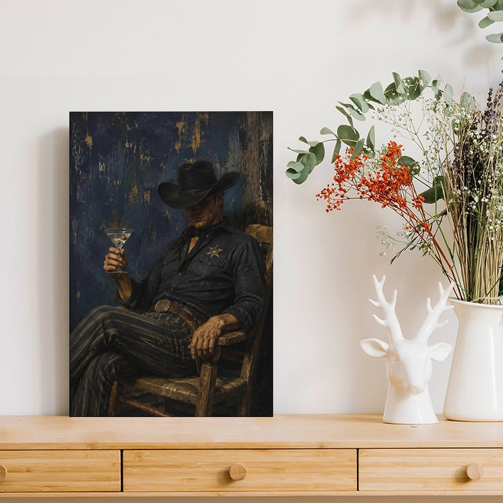 Cowboy Sheriff Martini Dark Blue Vintage Framed Canvas Wall Art | Western Noir Figurative Print