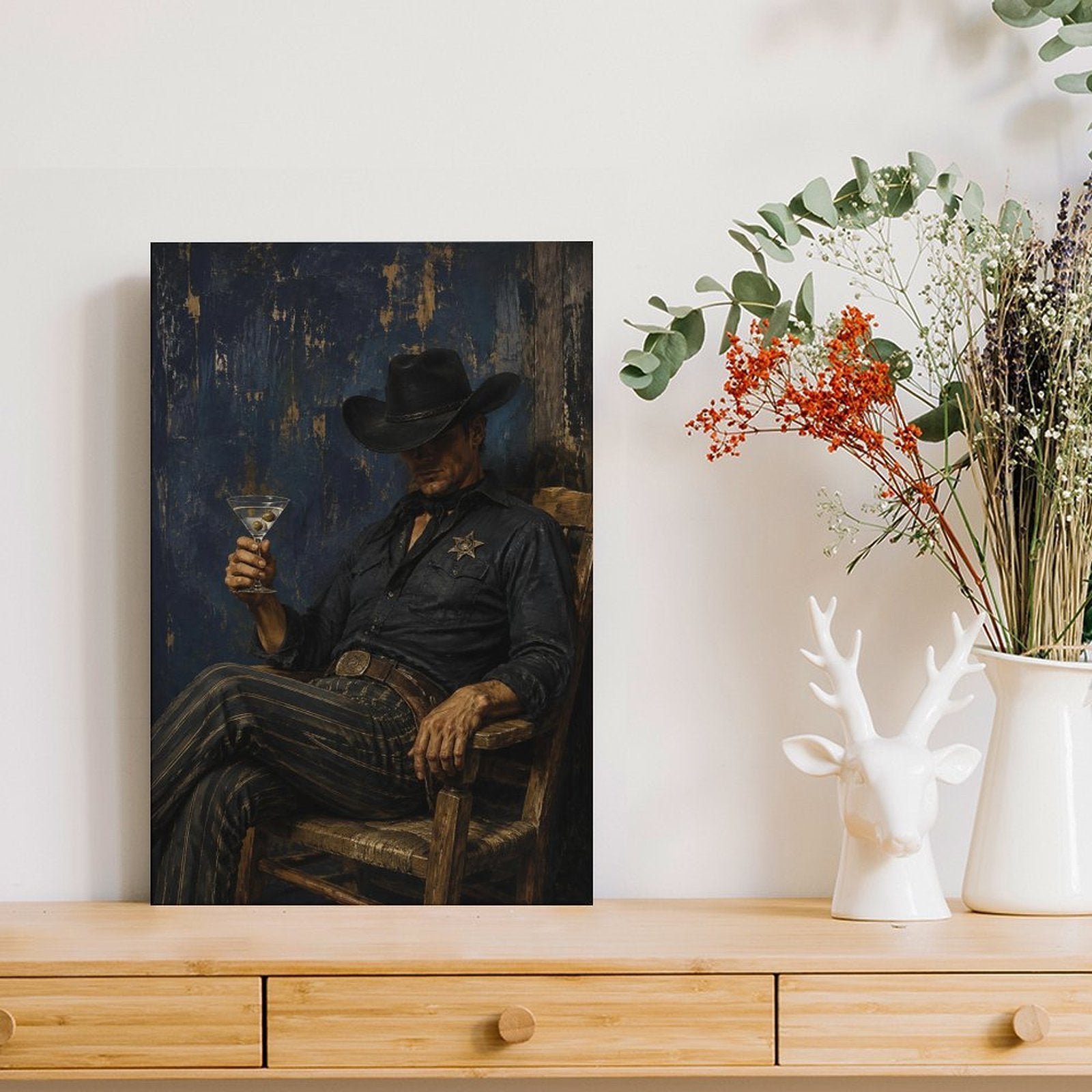 Cowboy Sheriff Martini Dark Blue Vintage Framed Canvas Wall Art | Western Noir Figurative Print
