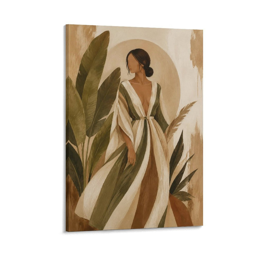 Boho Woman Striped Dress Tropical Leaves Neutral Figurative Botanical Framed Canvas Wall Art