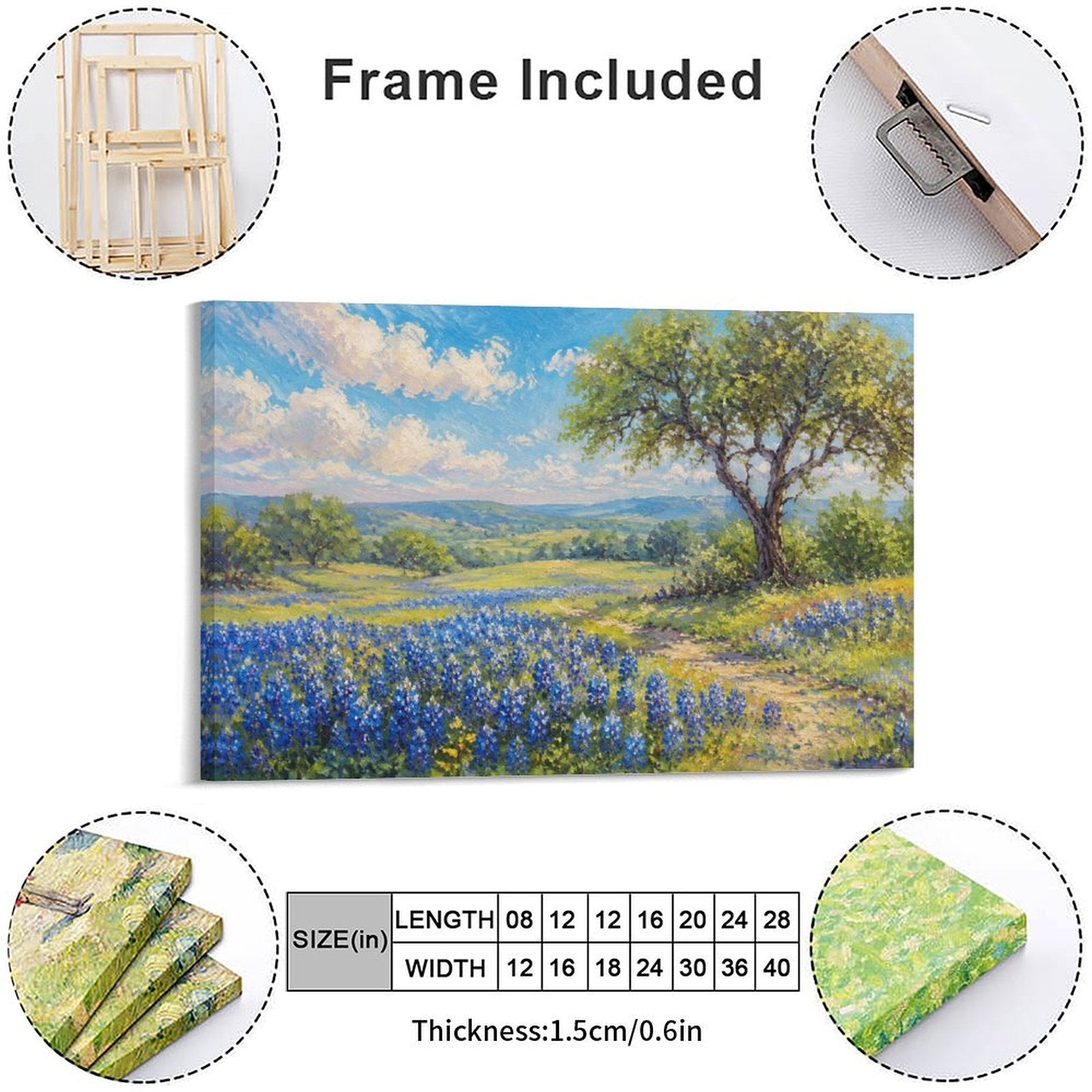 Texas Bluebonnet Field Oak Tree Framed Canvas Wall Art | Impressionist Spring Meadow Print