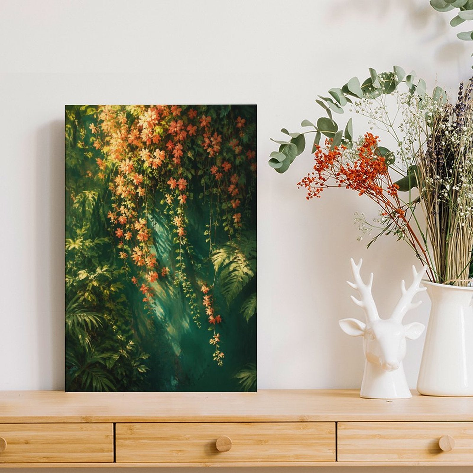 Tropical Rainforest Hanging Orange Flowers Framed Canvas Wall Art | Lush Botanical Nature Print