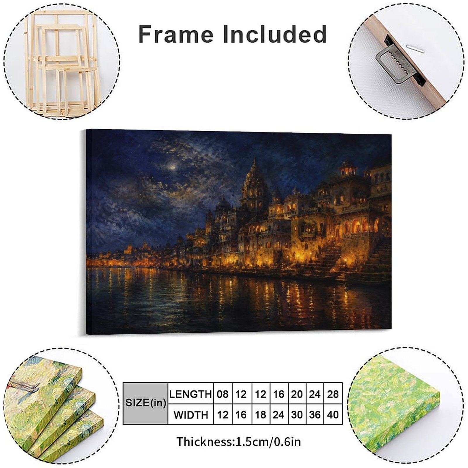 Varanasi Ganges River Night Glow Framed Canvas Wall Art | Indian Temple Nocturne Print