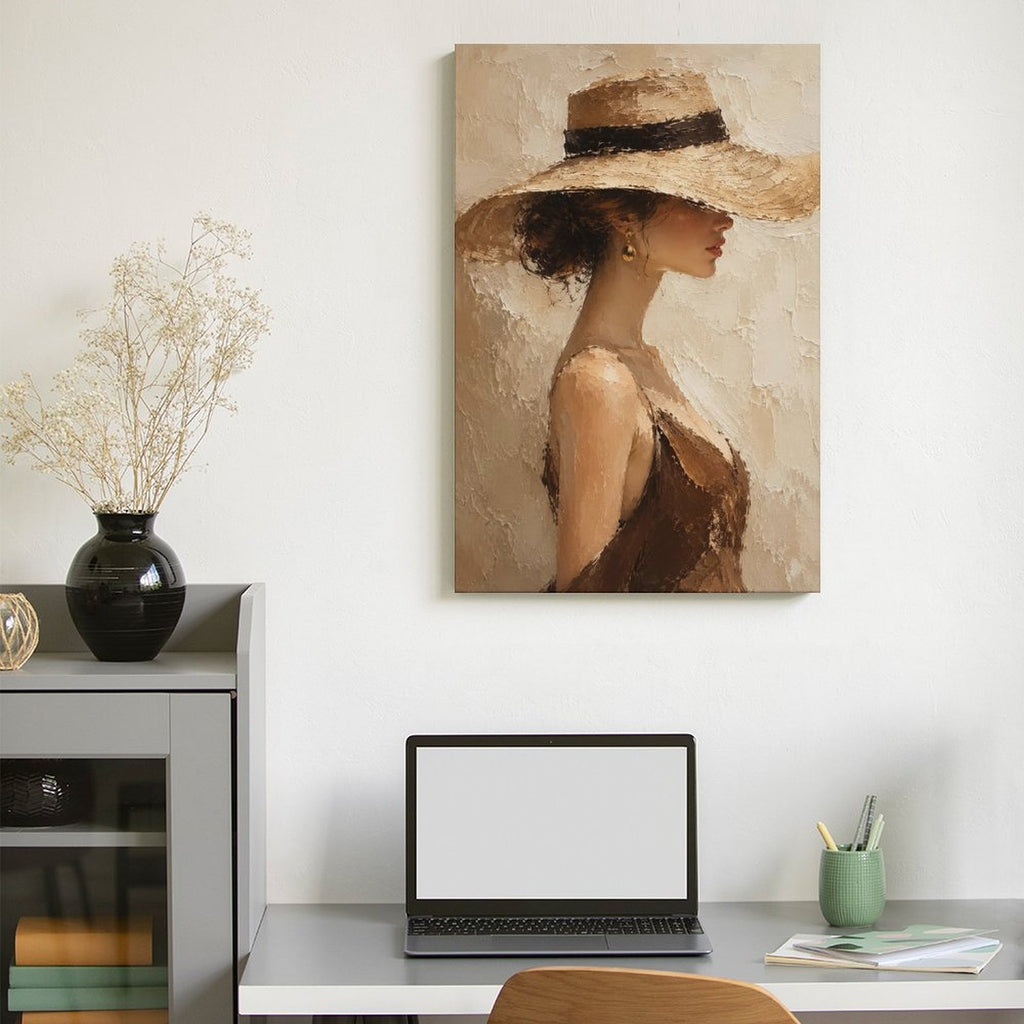Elegant Woman Wide Brim Hat Textured Framed Canvas Wall Art | Neutral Figurative Portrait Print