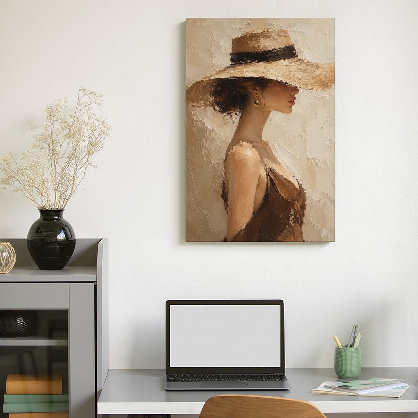 Elegant Woman Wide Brim Hat Textured Framed Canvas Wall Art | Neutral Figurative Portrait Print