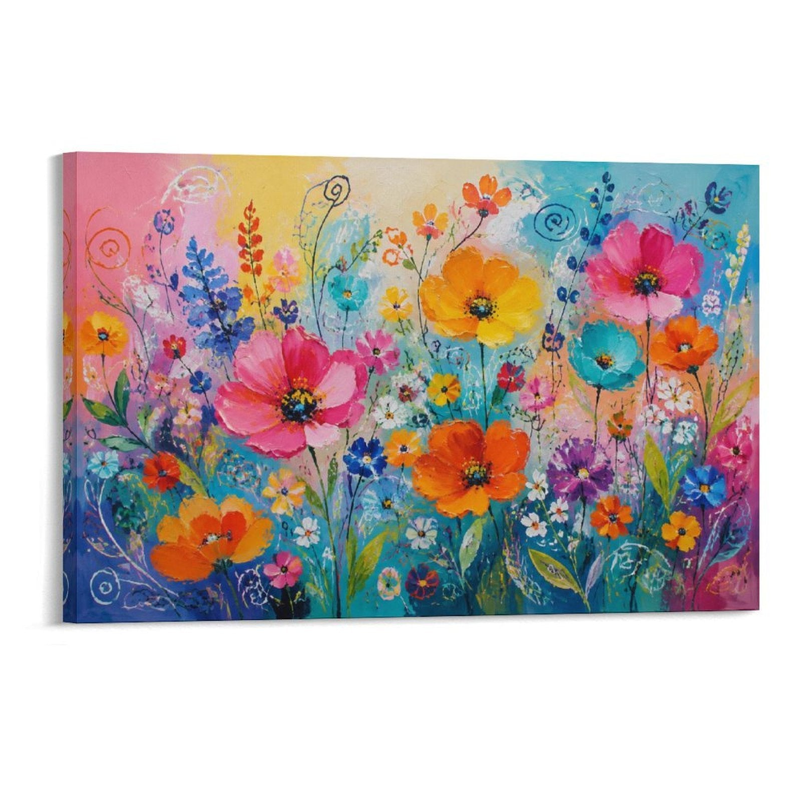 Colorful Wildflower Garden Joyful Floral Rainbow Framed Canvas Wall Art