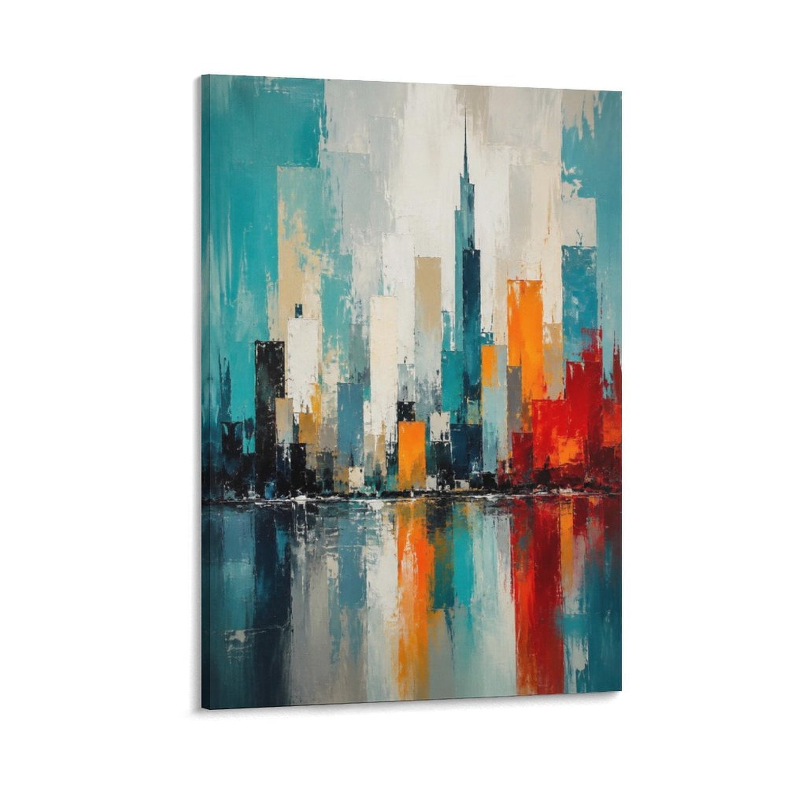 Abstract City Skyline Teal Orange Modern Urban Palette Knife Framed Canvas Wall Art