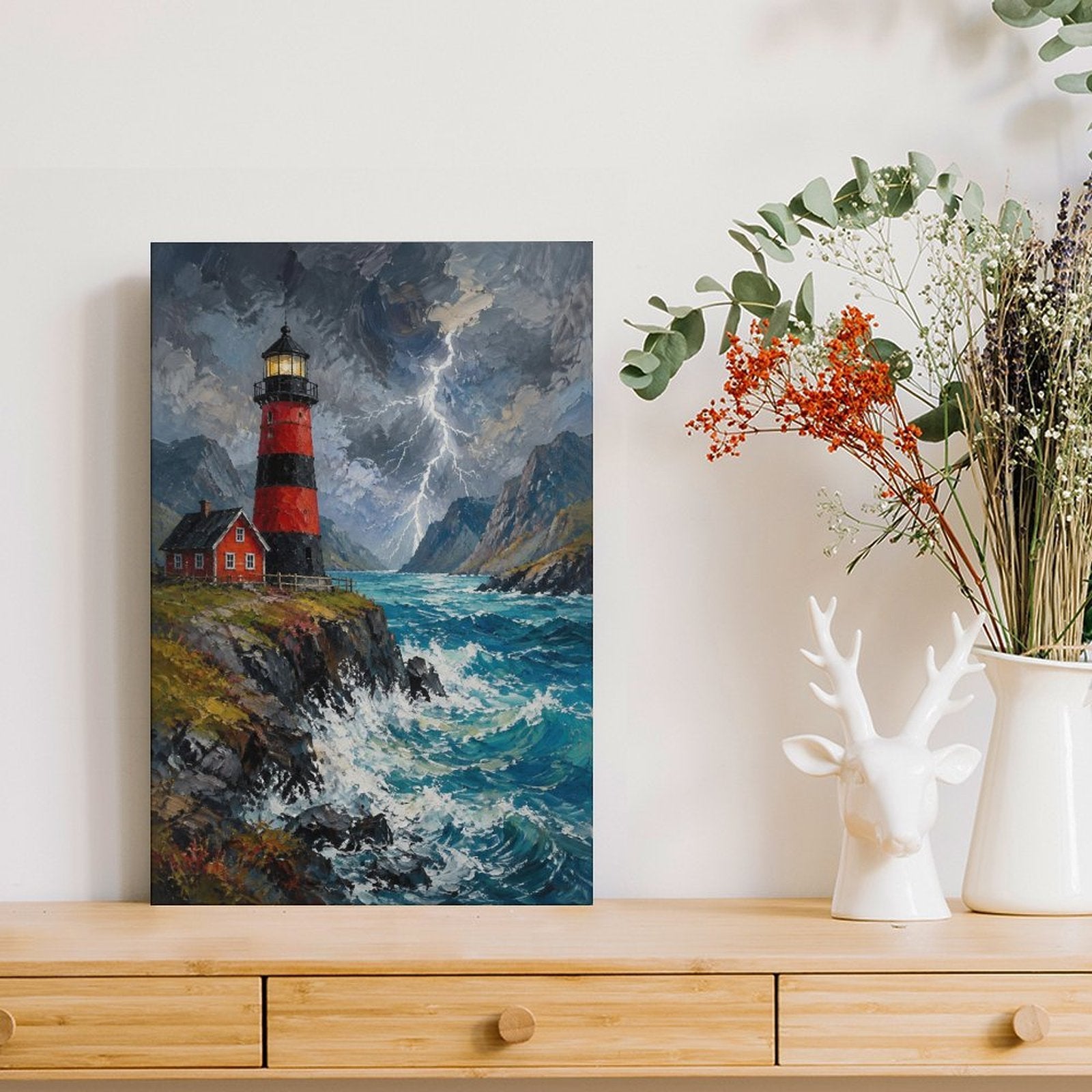 Stormy Lighthouse Cliff Framed Canvas Wall Art | Red & Black Coastal Oil Painting Print