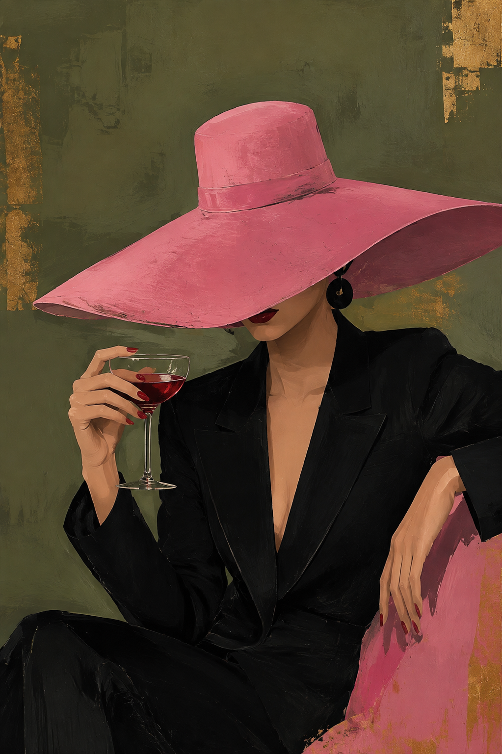 Chic Woman Pink Hat Red Wine Framed Canvas Wall Art | Vintage Fashion Figurative Print