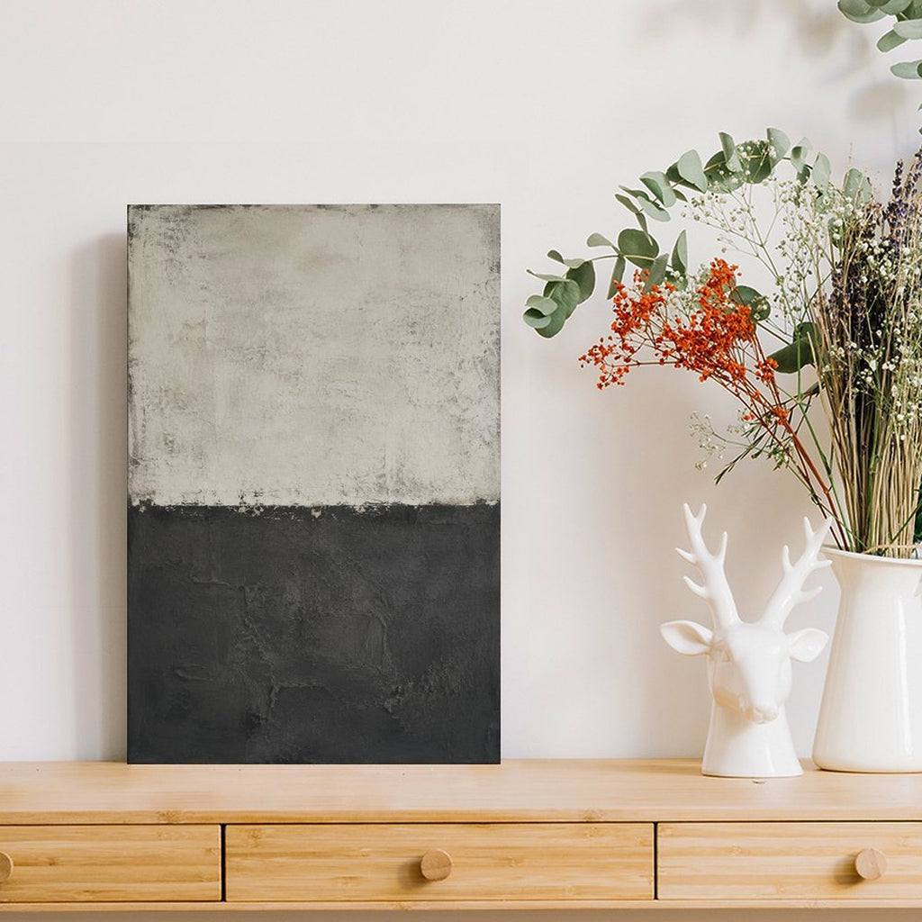 Cream Charcoal Minimalist Abstract Textured Framed Canvas Wall Art | Wabi-Sabi Neutral Print