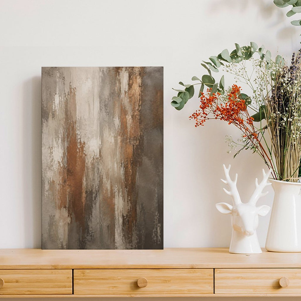 Warm Brown Copper Vertical Textured Abstract Framed Canvas Wall Art | Neutral Wabi-Sabi Print