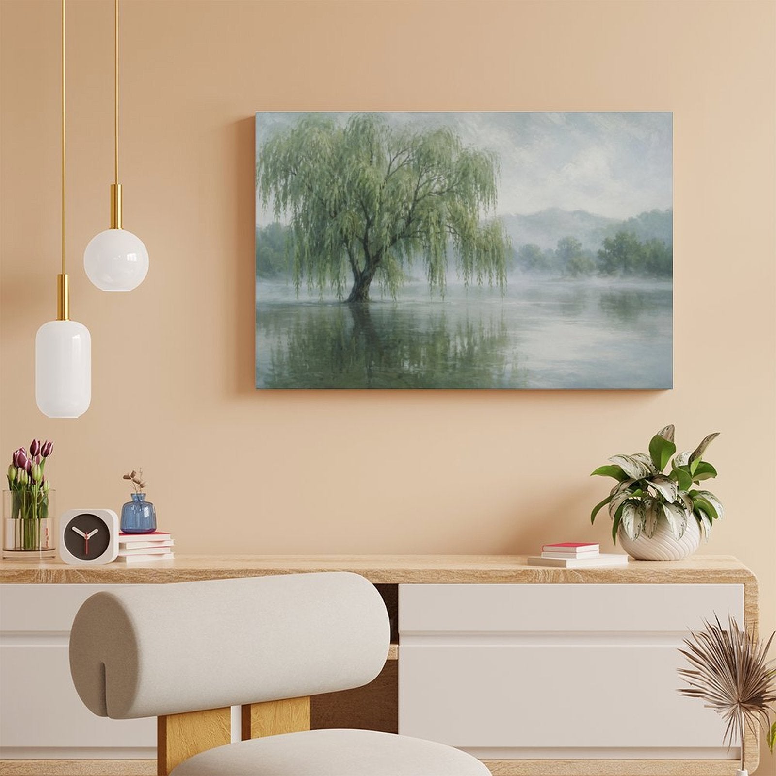 Misty Willow Tree Lake Reflection Framed Canvas Wall Art | Serene Chinese Landscape Print