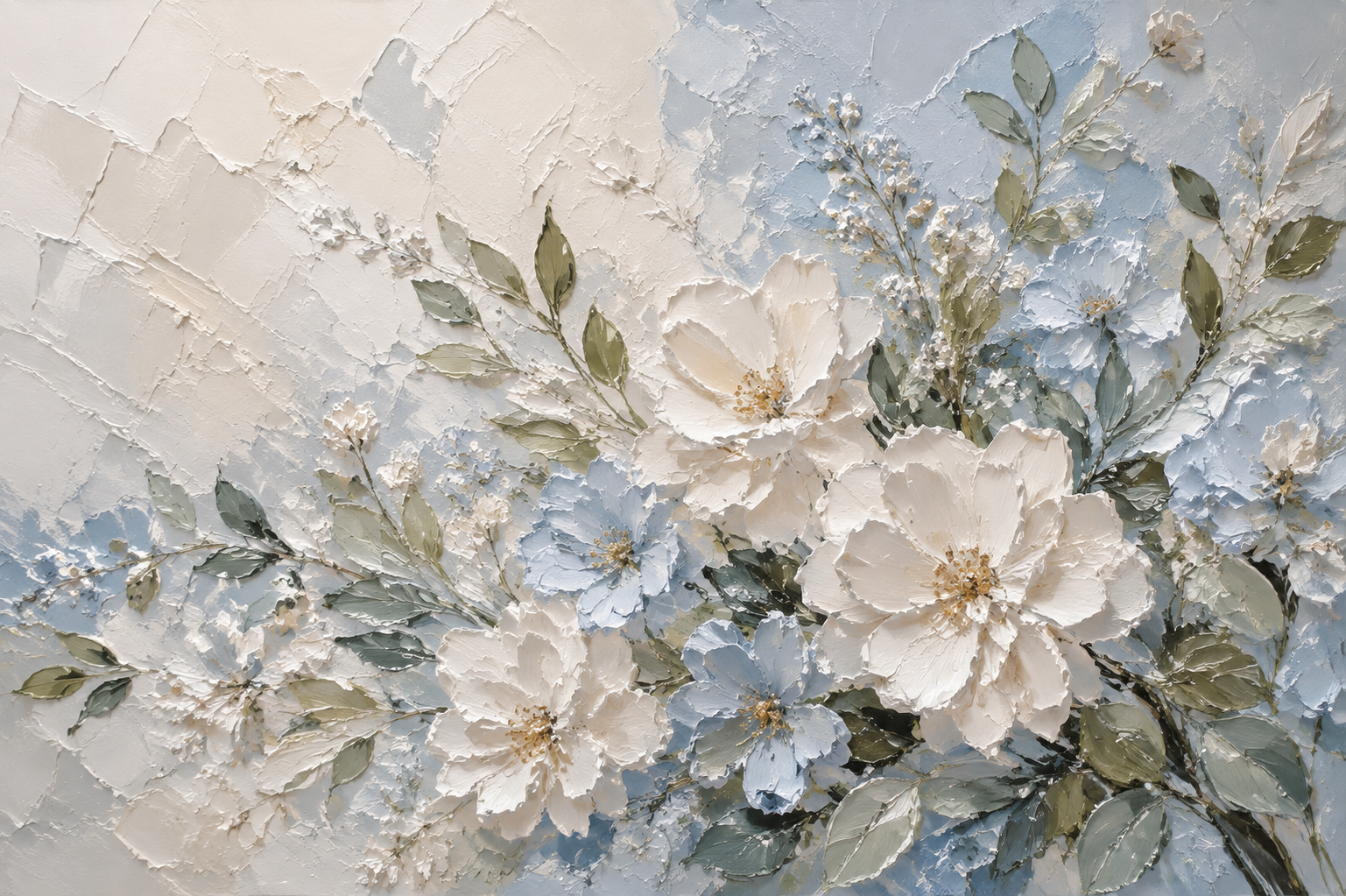 White Peony Blue Floral Textured Framed Canvas Wall Art | French Cottage Botanical Relief Print