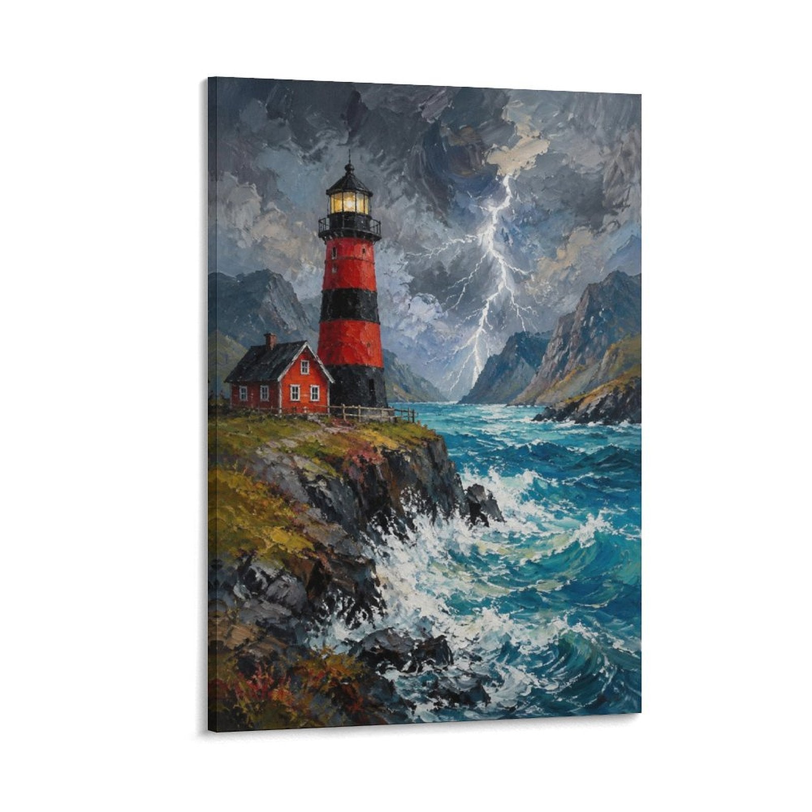 Stormy Lighthouse on Rocky Cliff Red Black Coastal Framed Canvas Wall Art