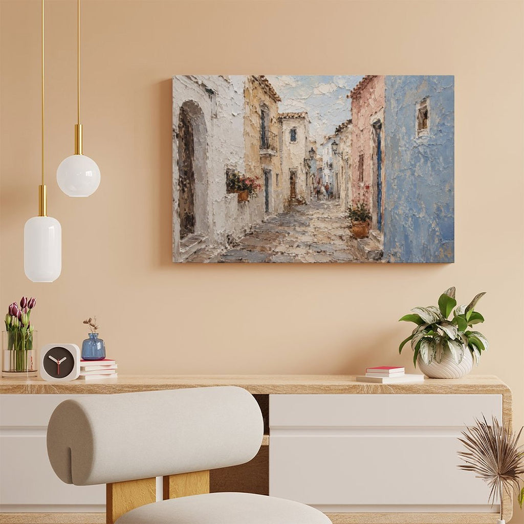 Mediterranean White Village Alley Framed Canvas Wall Art | Textured European Street Print