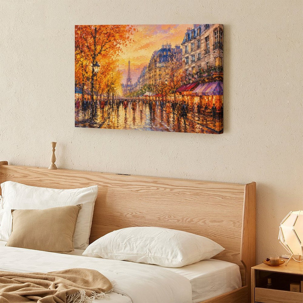 Paris Autumn Street Eiffel Tower Cafe Framed Canvas Wall Art | Impressionist French City Print