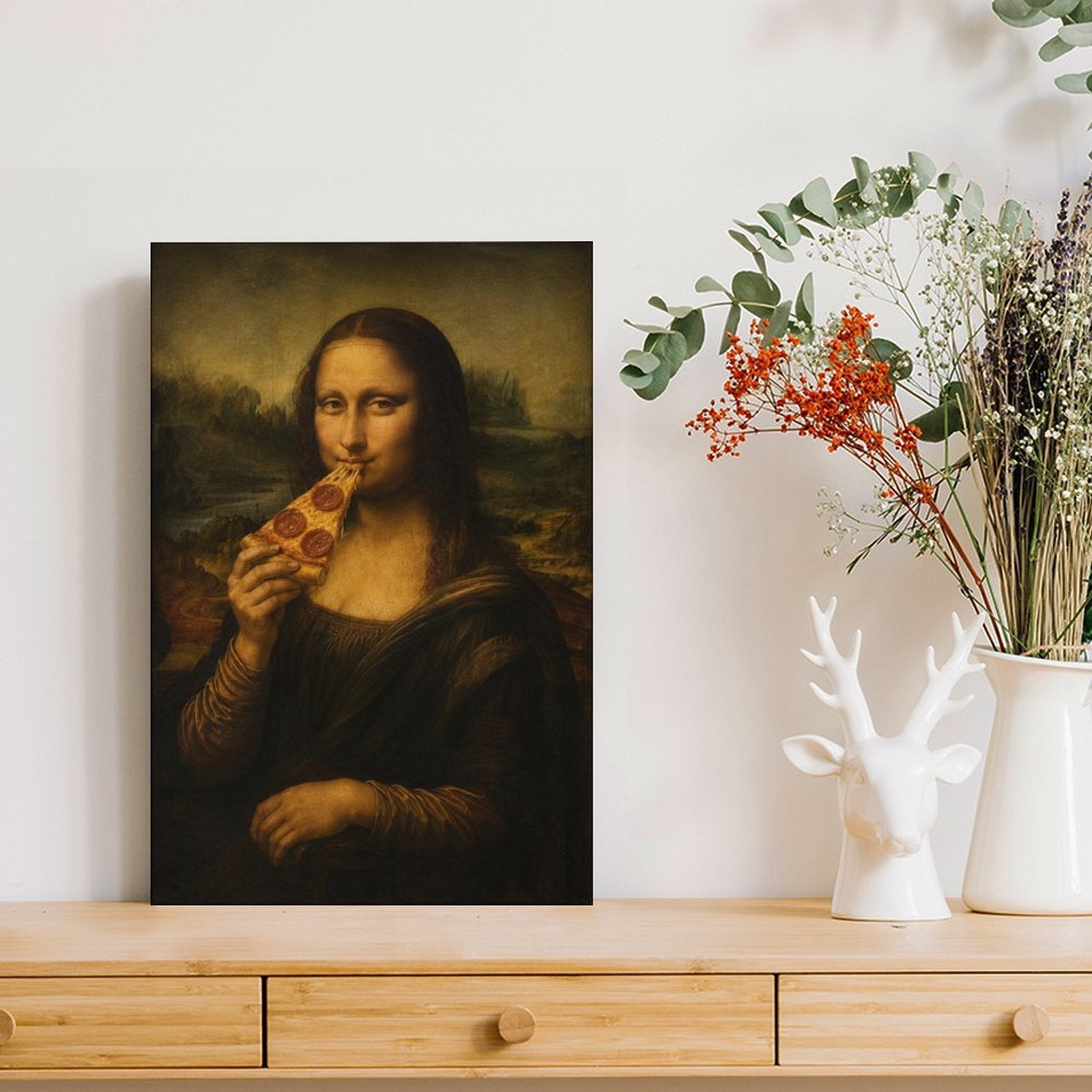 Mona Lisa Eating Pizza Funny Framed Canvas Wall Art | Humorous Pop Art Parody Print