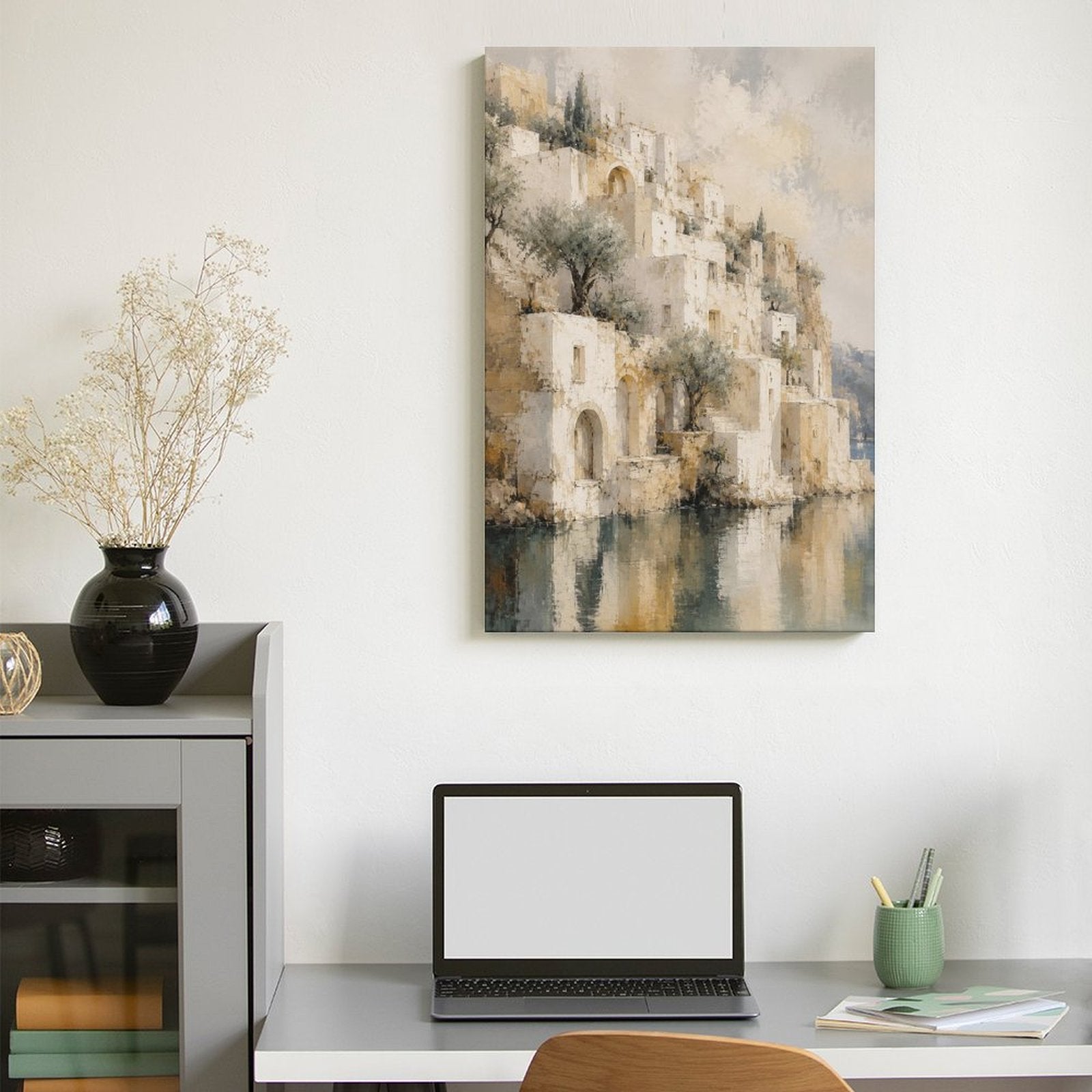 Mediterranean Waterfront Village Framed Canvas Wall Art | Vintage Watercolor Architecture Print