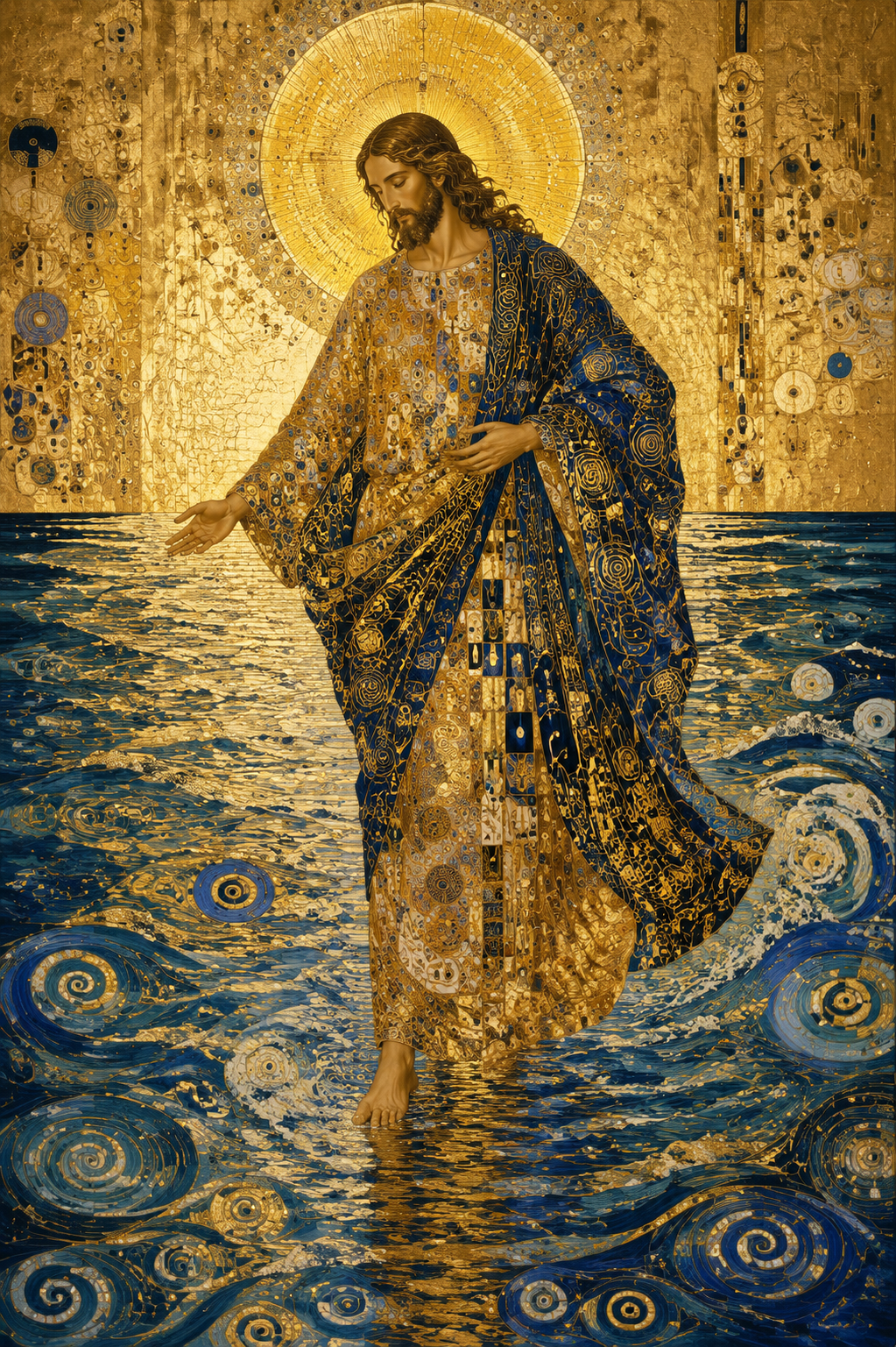 Jesus Walking on Water Klimt-Style Framed Canvas Wall Art | Gold Mosaic Religious Print