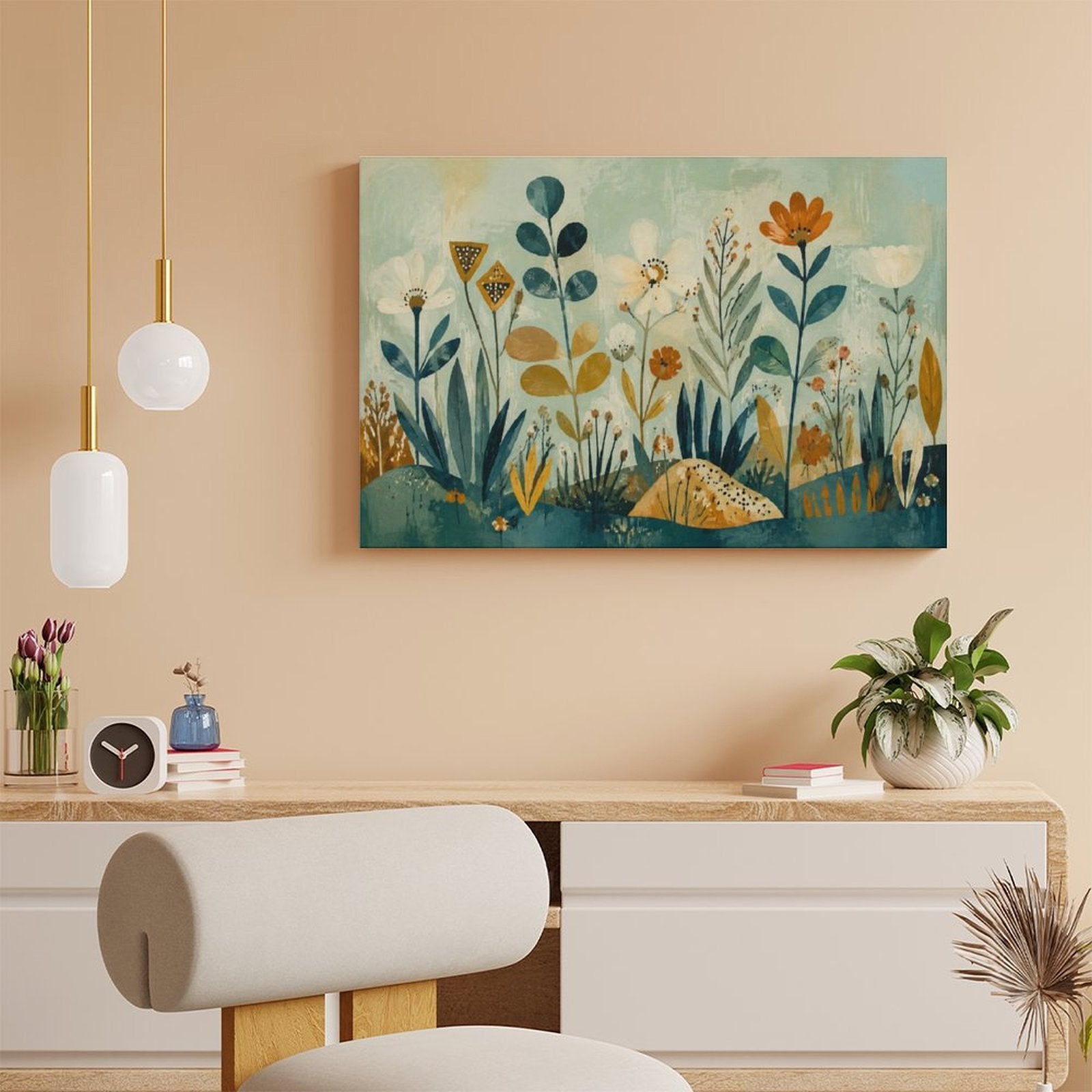 Nordic Folk Art Wildflower Botanical Framed Canvas Wall Art | Teal Gold Vintage Illustration Print