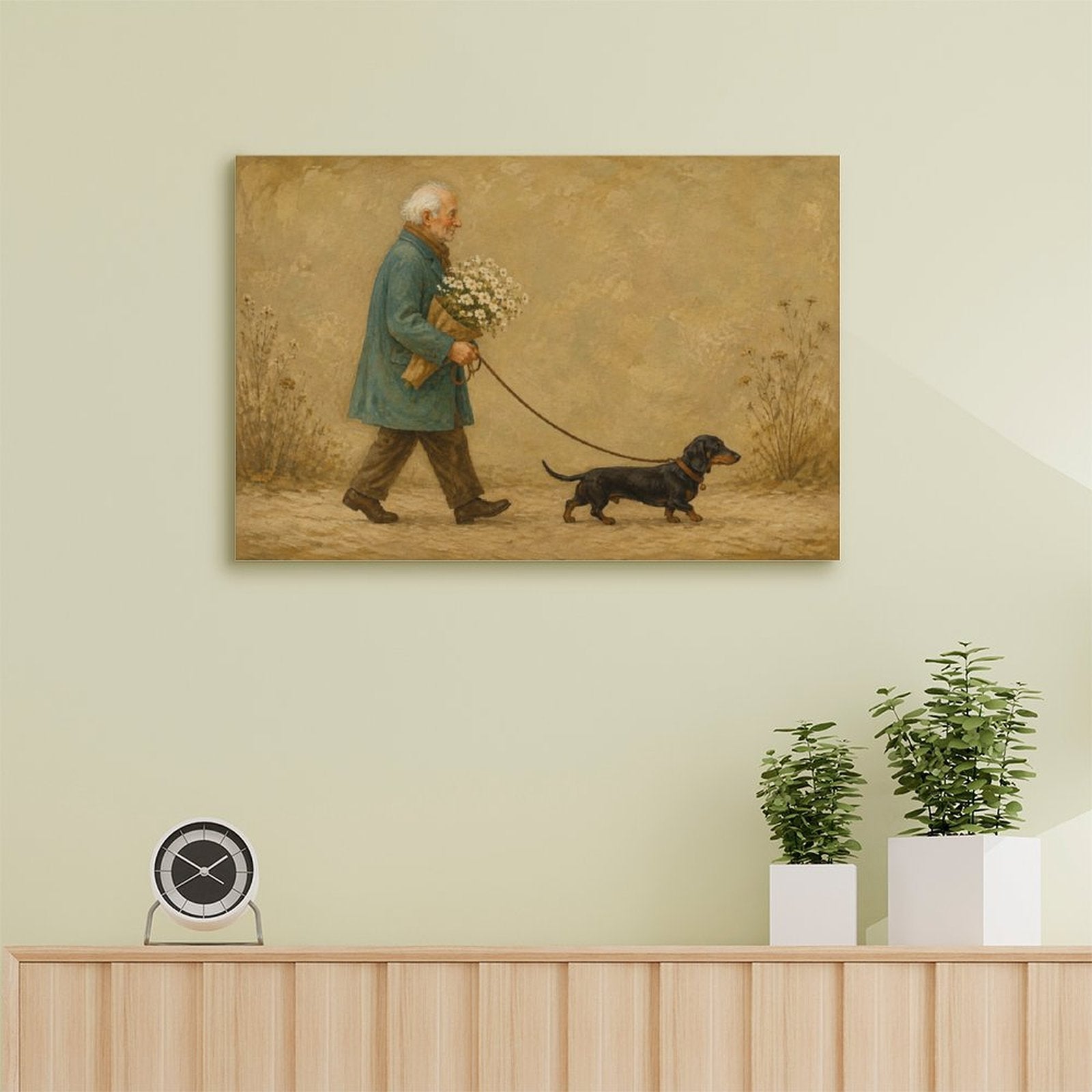 Old Man Walking Dachshund with Daisies Framed Canvas Wall Art | Vintage Heartwarming Dog Print