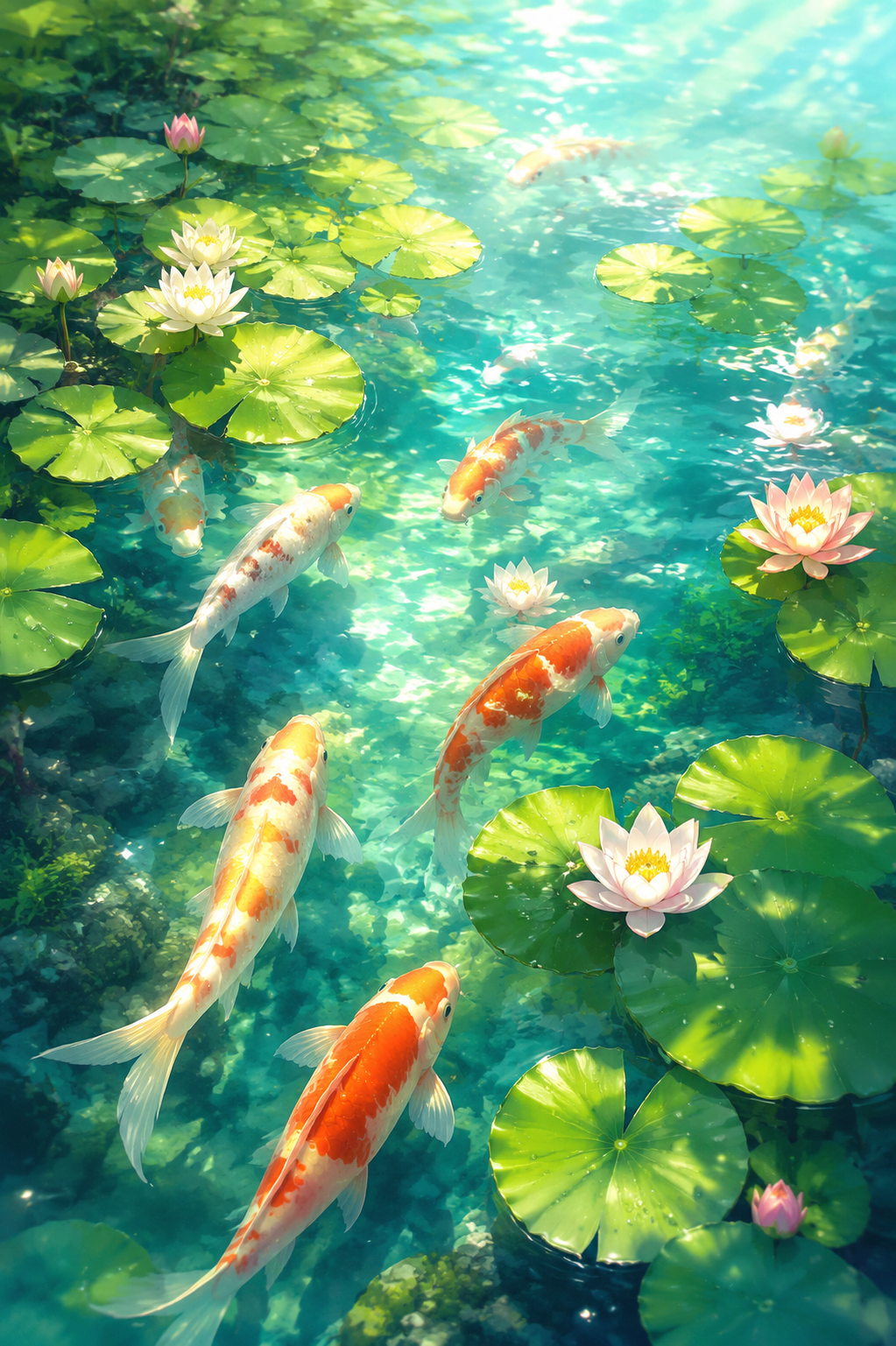 Koi Fish Lotus Pond Framed Canvas Wall Art | Japanese Zen Garden Nature Print