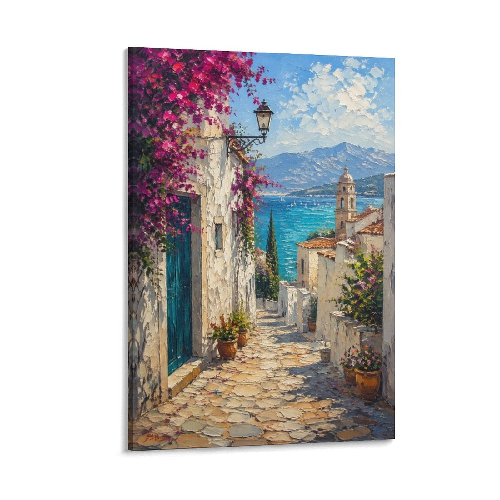 Mediterranean Cobblestone Alley Bougainvillea Impressionist Coastal Village Framed Canvas Wall Art