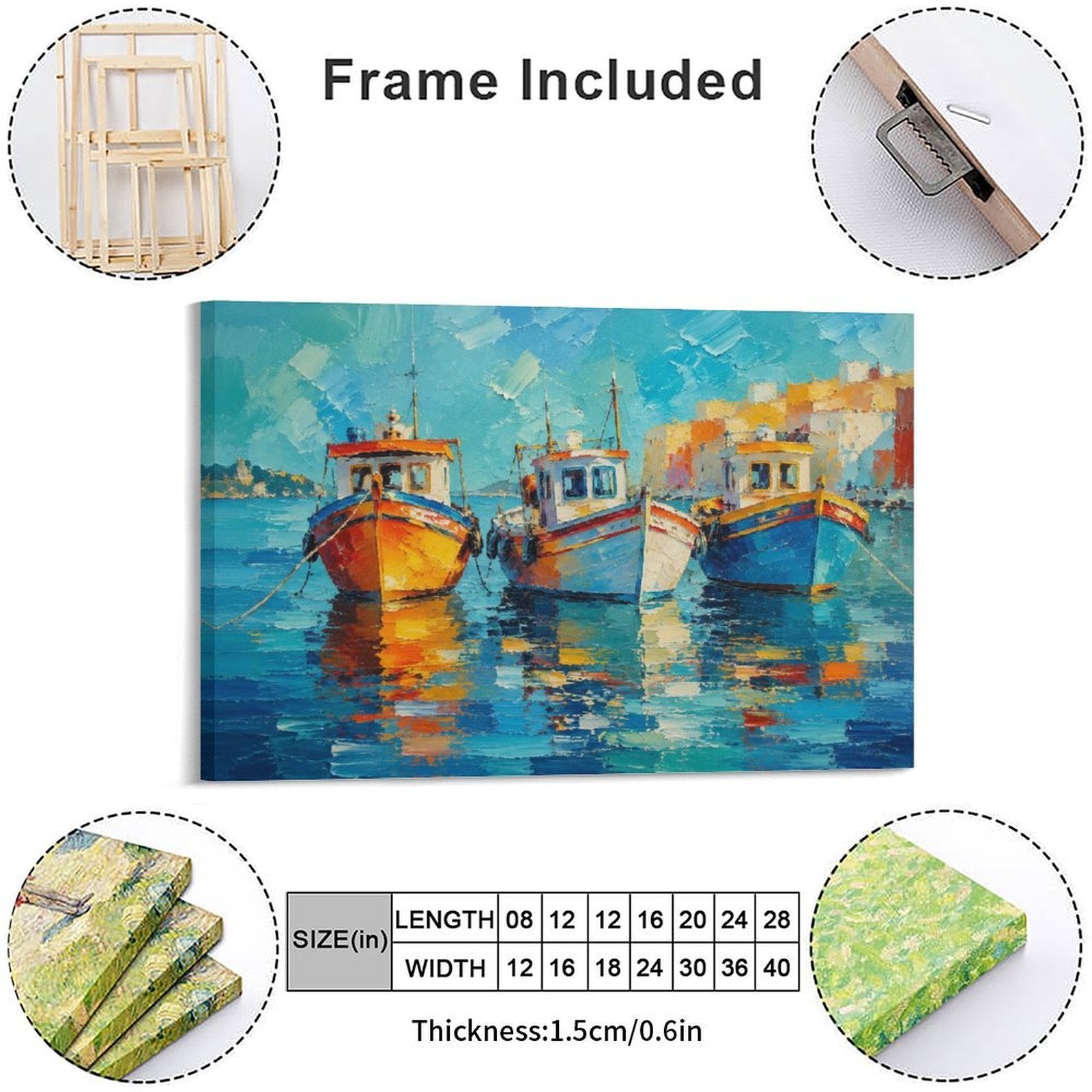 Mediterranean Harbor Fishing Boats Framed Canvas Wall Art | Colorful Impressionist Nautical Print