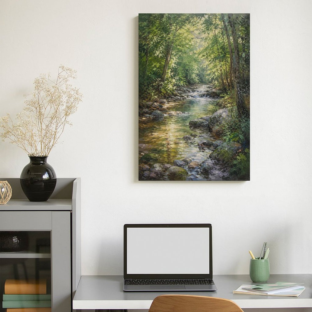 Sunlit Forest Stream Rocky Creek Framed Canvas Wall Art | Realist Nature Landscape Print