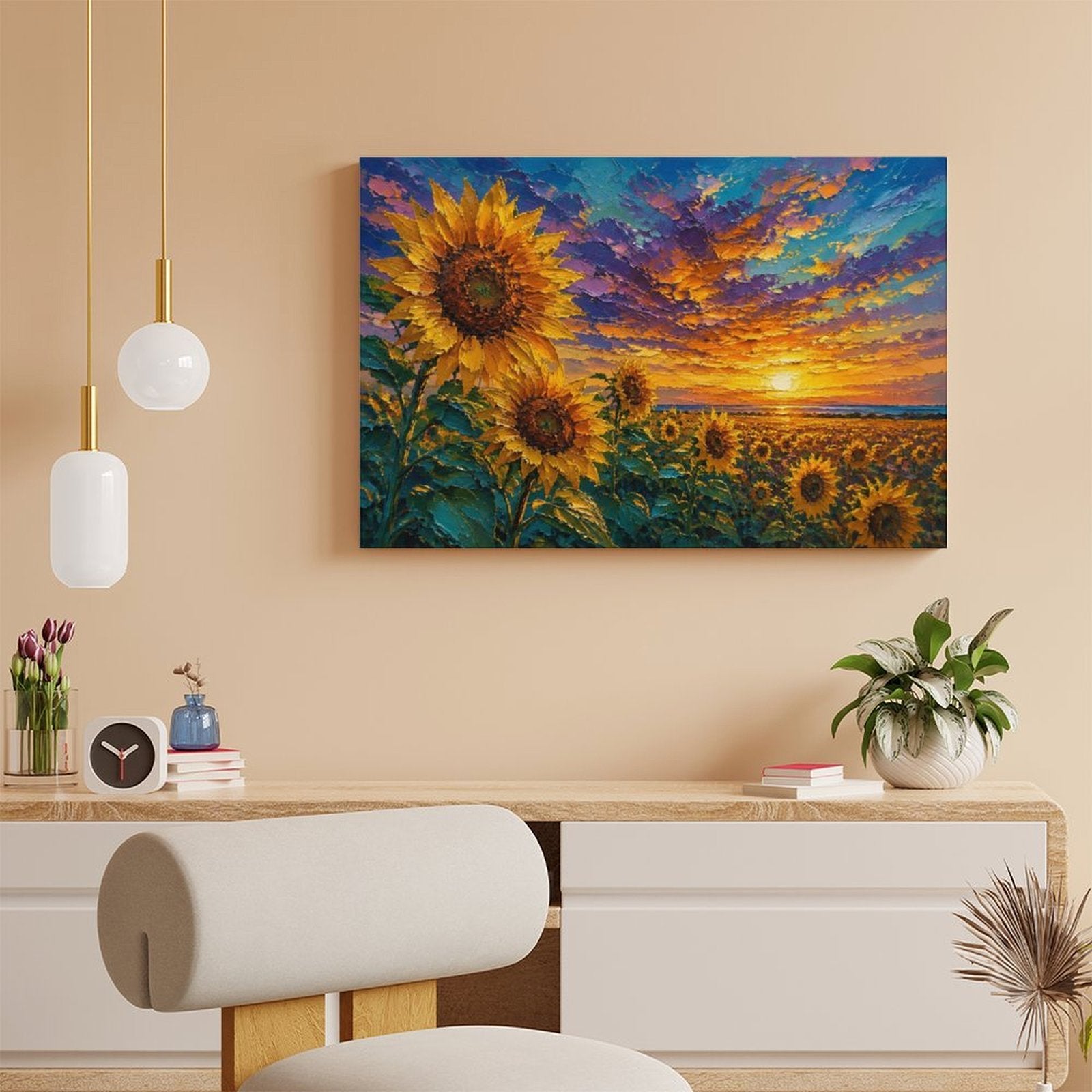 Sunflower Field Sunset Framed Canvas Wall Art | Impressionist Floral Landscape Print