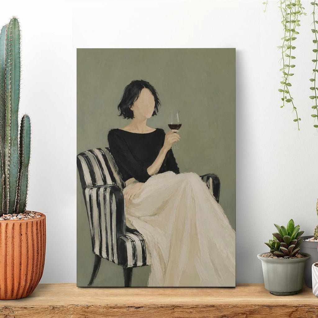 Elegant Woman with Wine Glass Framed Canvas Wall Art | Minimalist Figurative Print