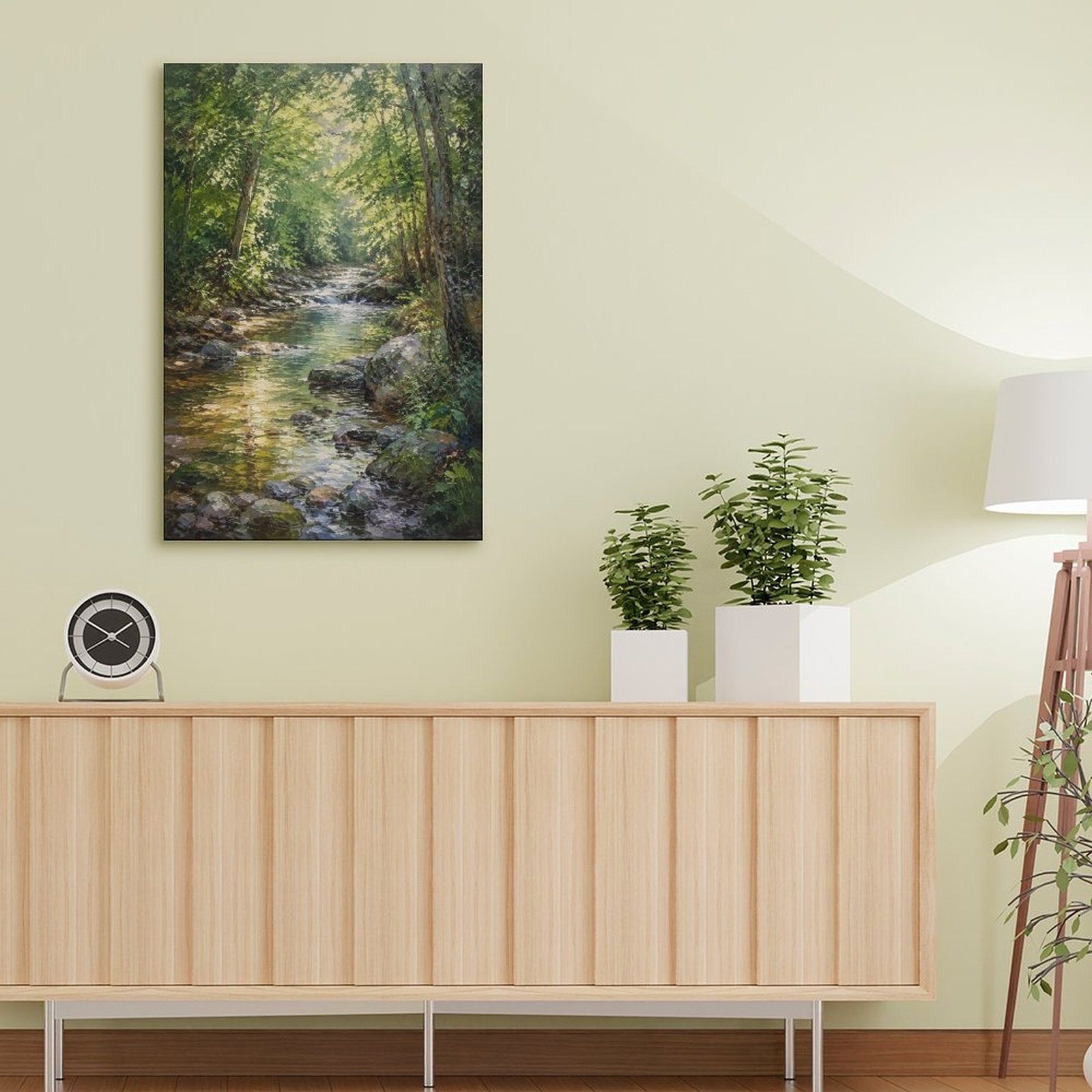 Sunlit Forest Stream Rocky Creek Framed Canvas Wall Art | Realist Nature Landscape Print