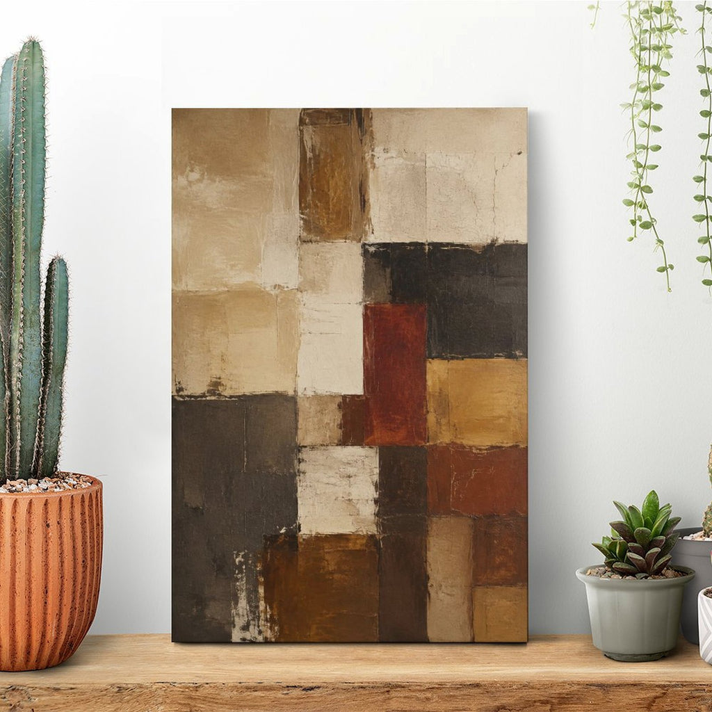 Earth Tone Geometric Block Abstract Textured Framed Canvas Wall Art | Mondrian-Style Neutral Print