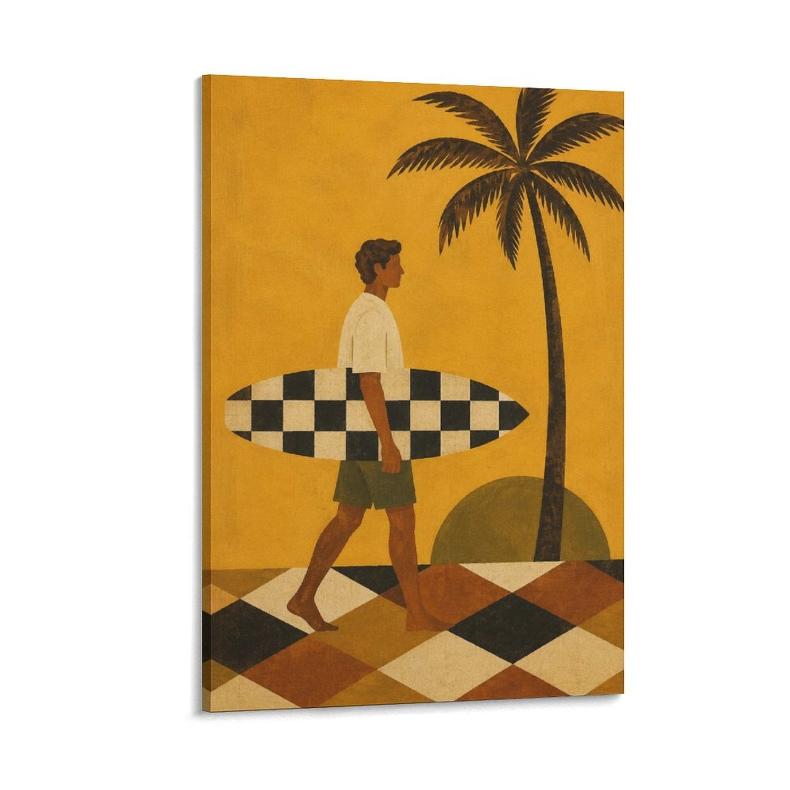 Retro Surfer Vintage Beach Palm Tree Framed Canvas Wall Art
