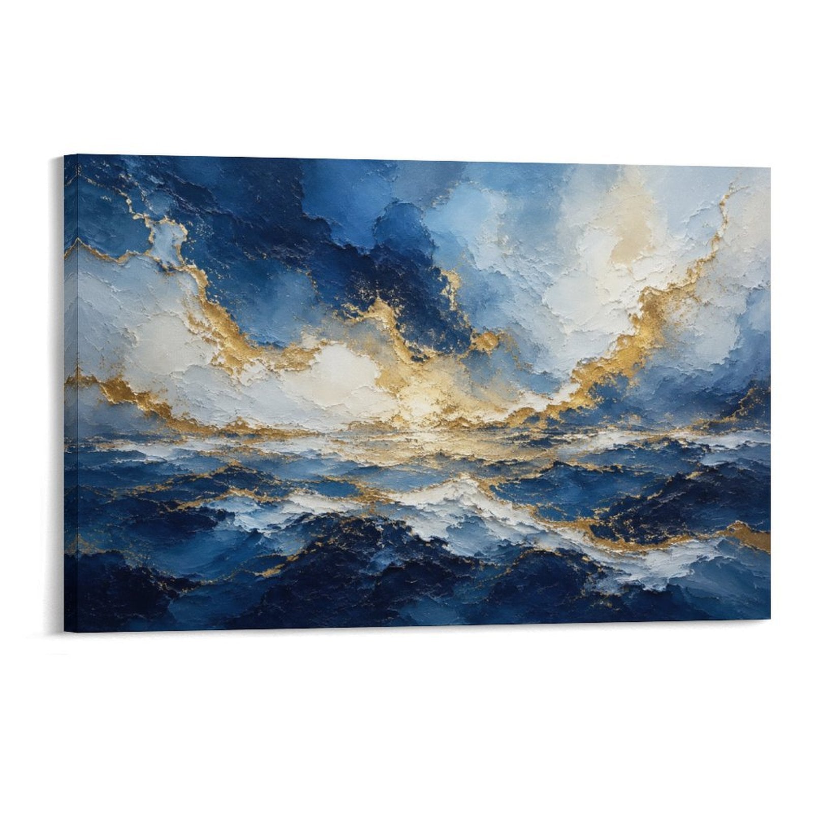 Abstract Navy Blue Gold Ocean Storm Luxury Seascape Textured Framed Canvas Wall Art