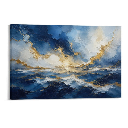 Abstract Navy Blue Gold Ocean Storm Luxury Seascape Textured Framed Canvas Wall Art