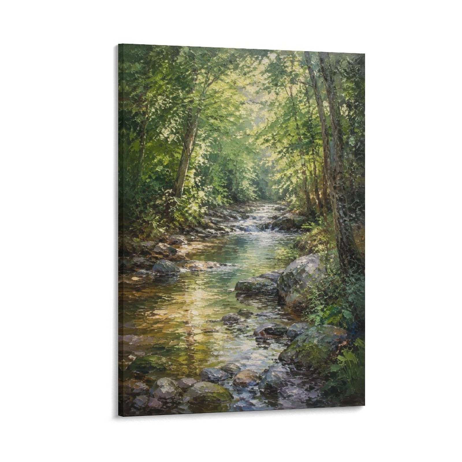Sunlit Forest Stream Rocky Creek Realist Nature Landscape Framed Canvas Wall Art