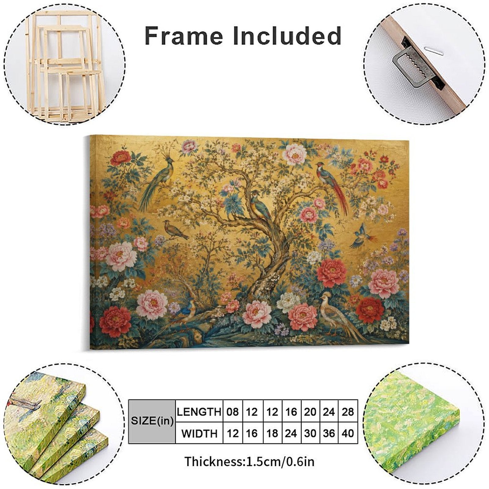 Chinese Imperial Flower & Bird Gold Framed Canvas Wall Art | Chinoiserie Peacock Peony Print