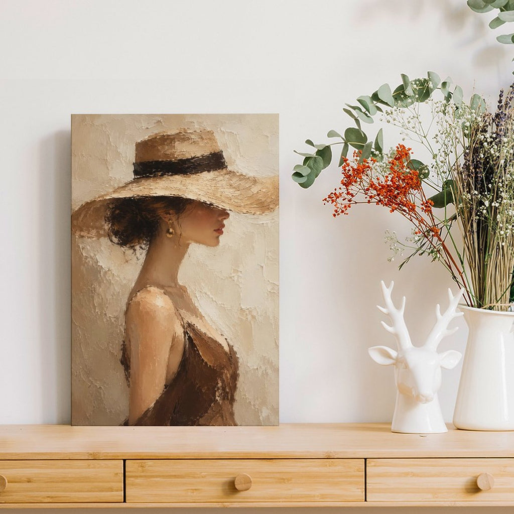 Elegant Woman Wide Brim Hat Textured Framed Canvas Wall Art | Neutral Figurative Portrait Print