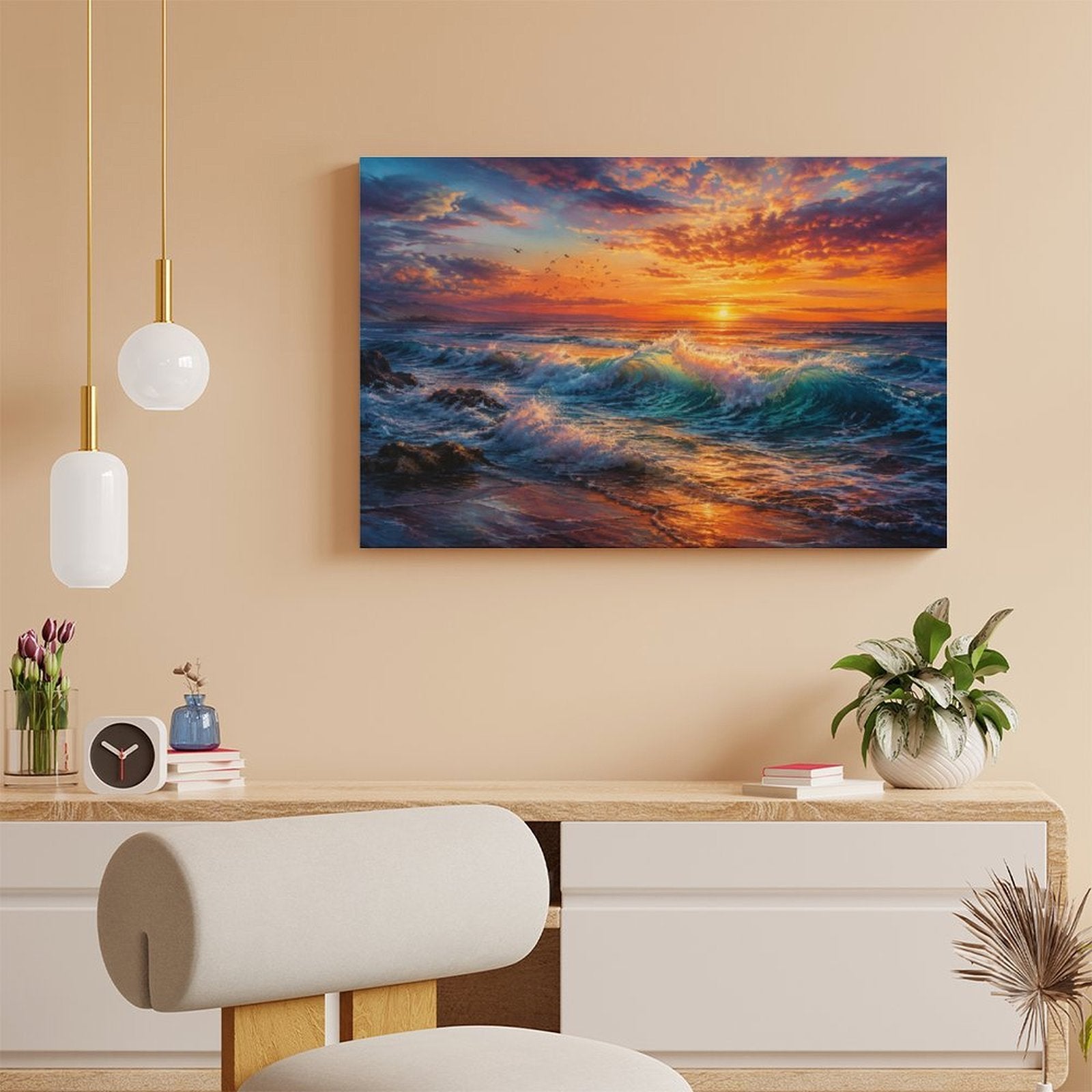 Dramatic Ocean Wave Sunset Framed Canvas Wall Art | Teal Crashing Wave Seascape Print