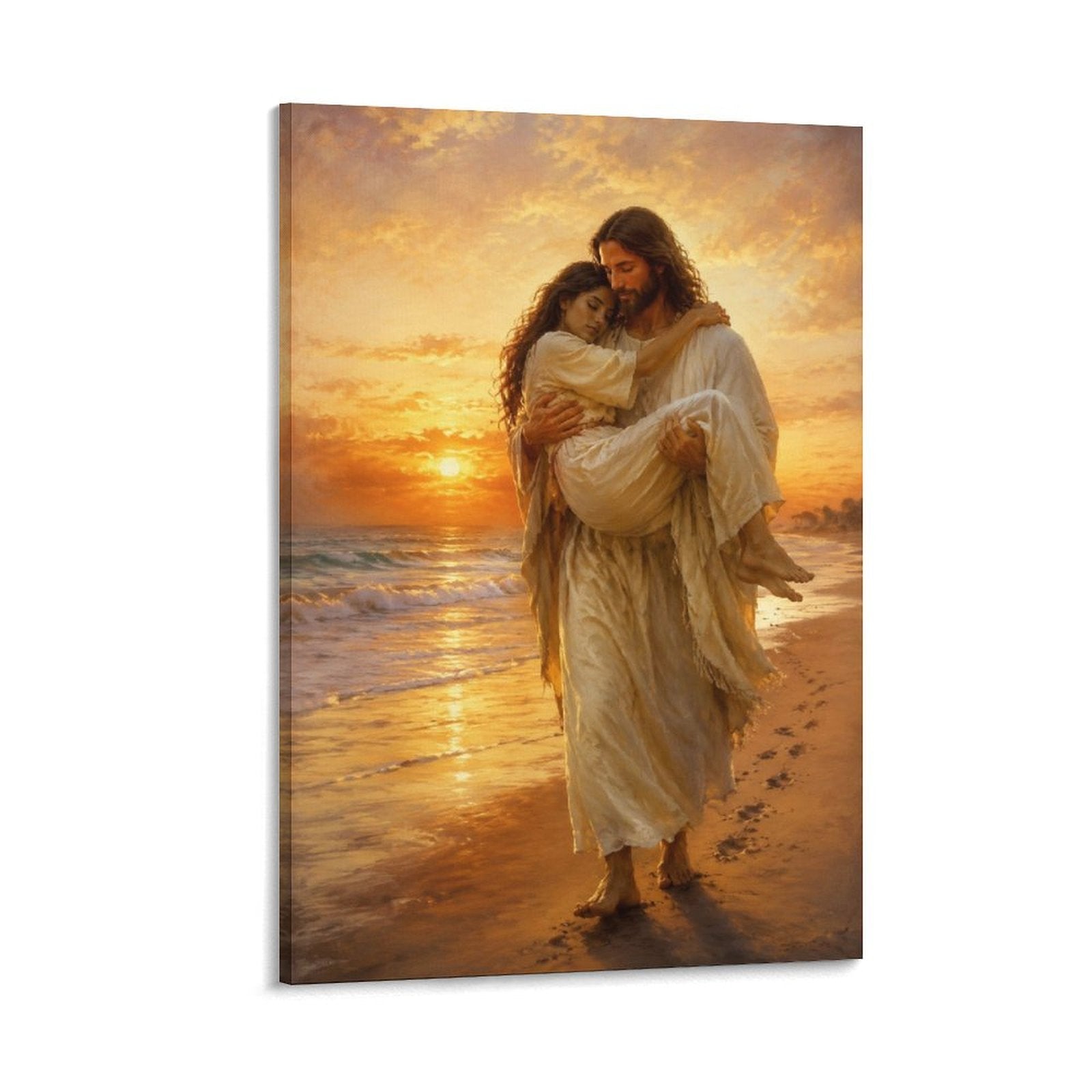 Jesus Carrying Woman Footprints Beach Sunset Inspirational Religious Framed Canvas Wall Art