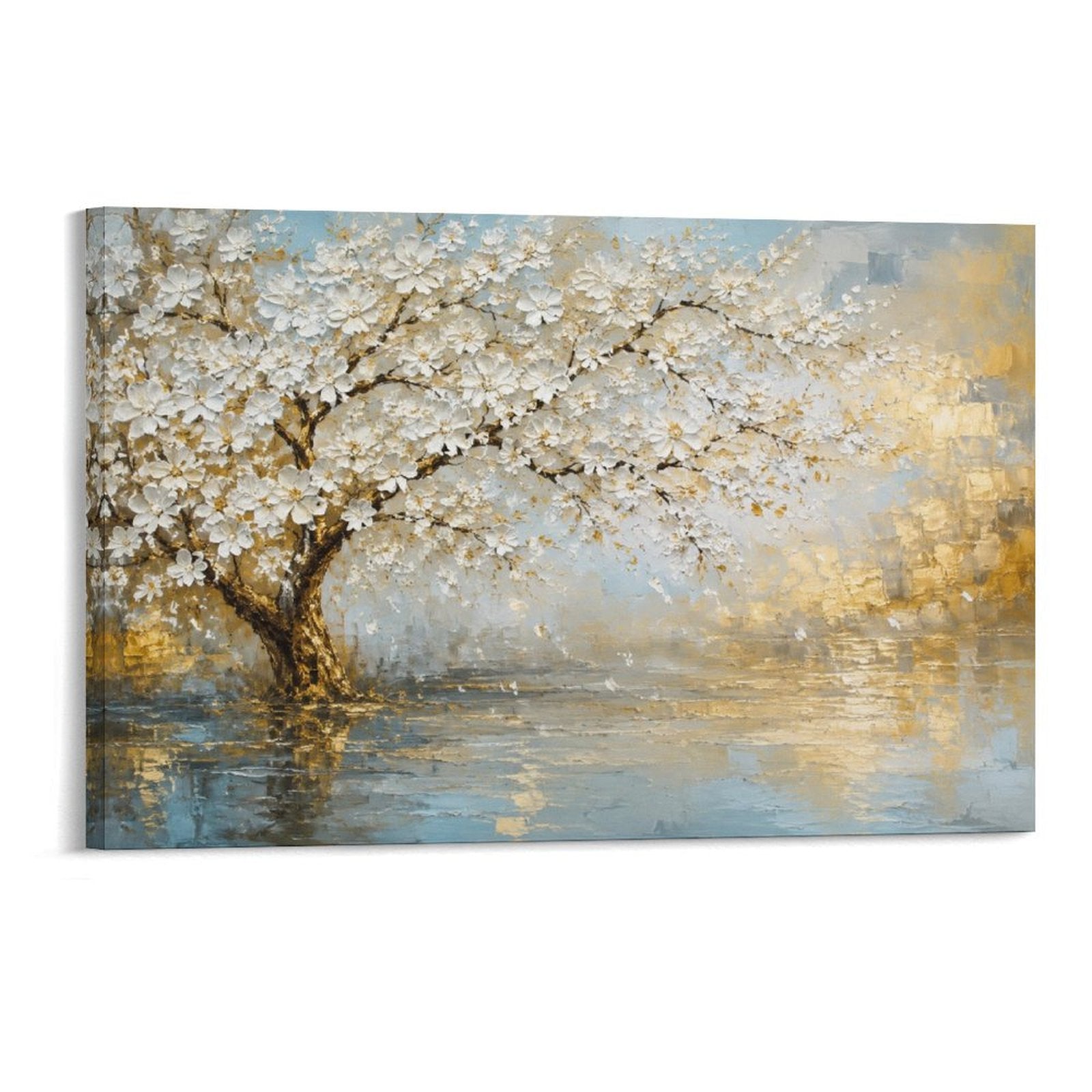 White Blossom Tree Lake Reflection Gold Blue Textured Landscape Framed Canvas Wall Art