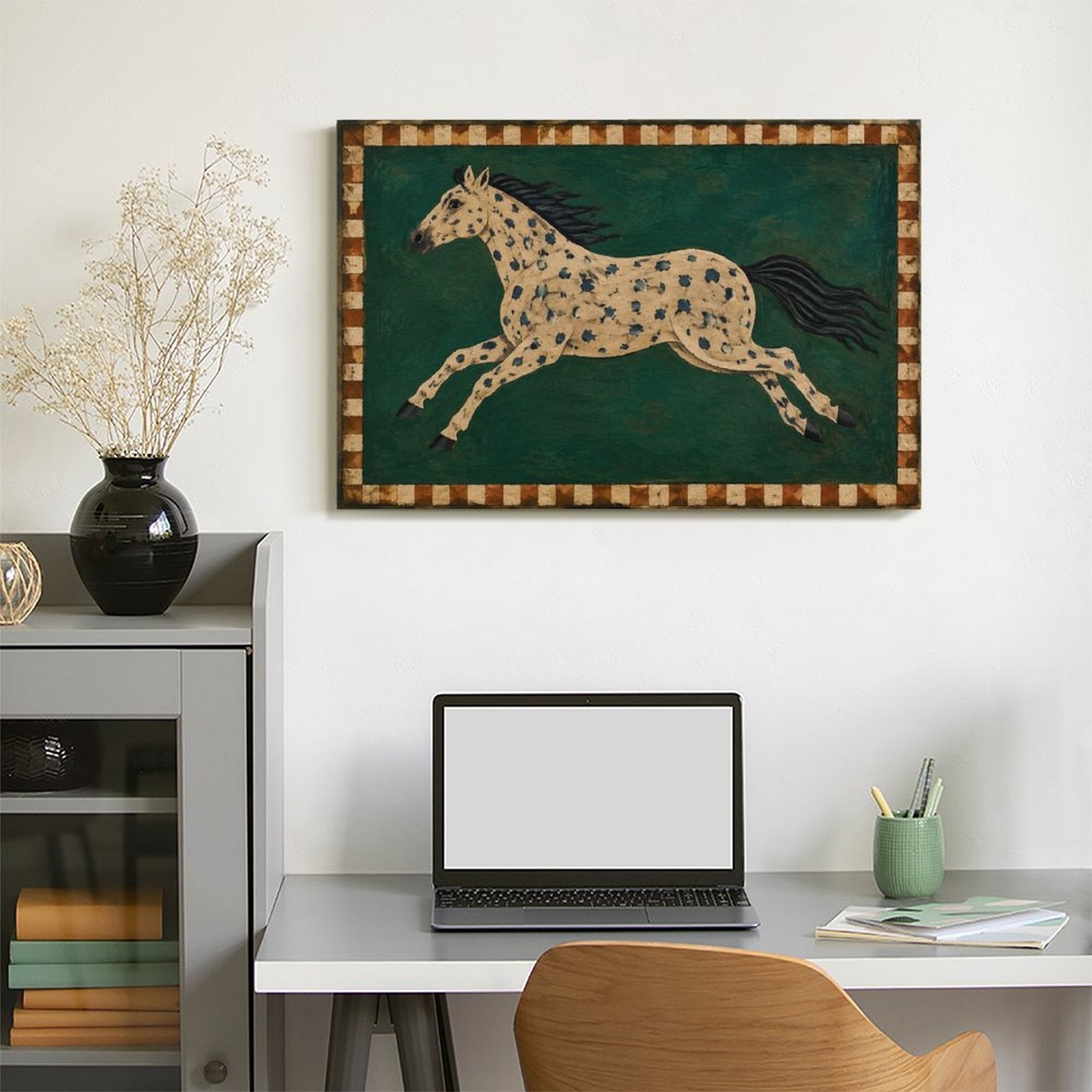 Appaloosa Spotted Horse Folk Art Framed Canvas Wall Art | American Primitive Western Print