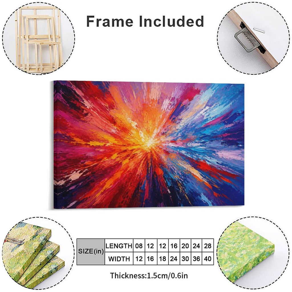 Red Orange Gold Starburst Abstract Framed Canvas Wall Art | Bold Energy Explosion Print