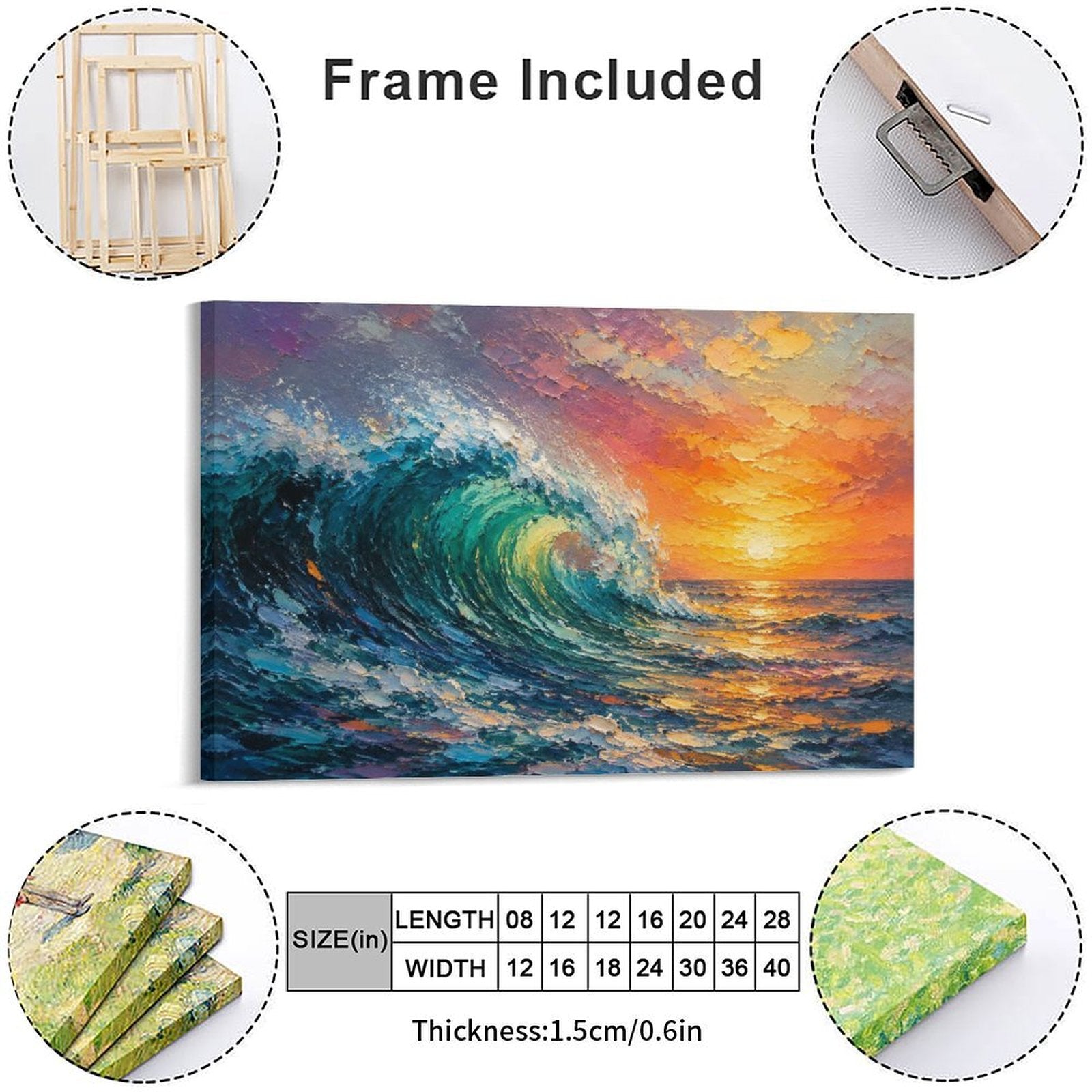 Crashing Ocean Wave Sunset Framed Canvas Wall Art | Impressionist Seascape Print