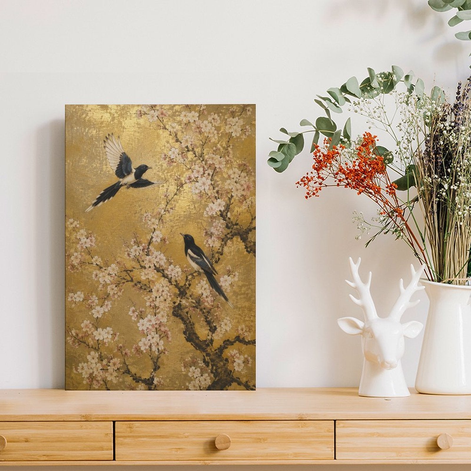 Magpies & Cherry Blossom Gold Framed Canvas Wall Art | Asian Floral Bird Print
