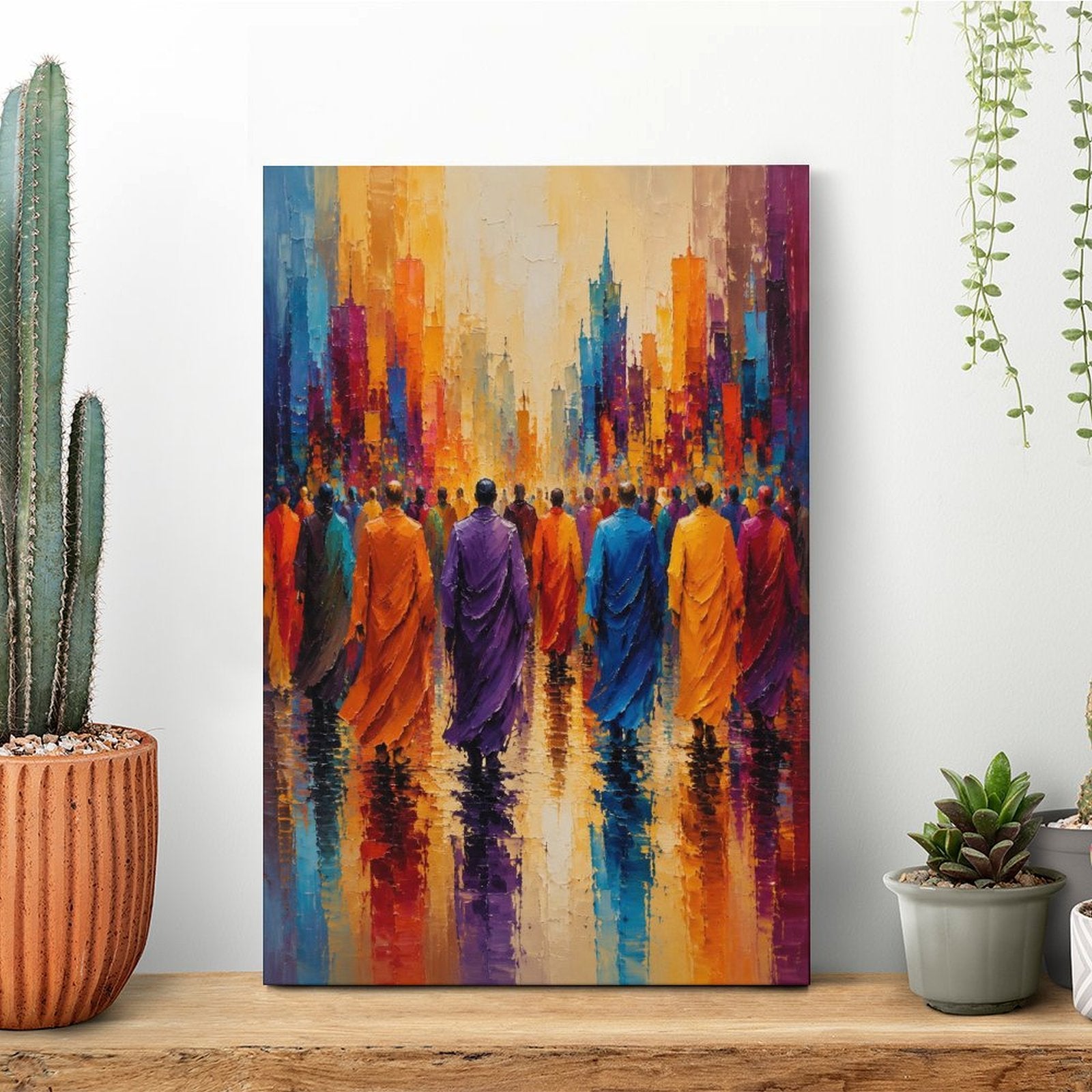 Buddhist Monks Colorful City Walk Framed Canvas Wall Art | Spiritual Expressionist Print