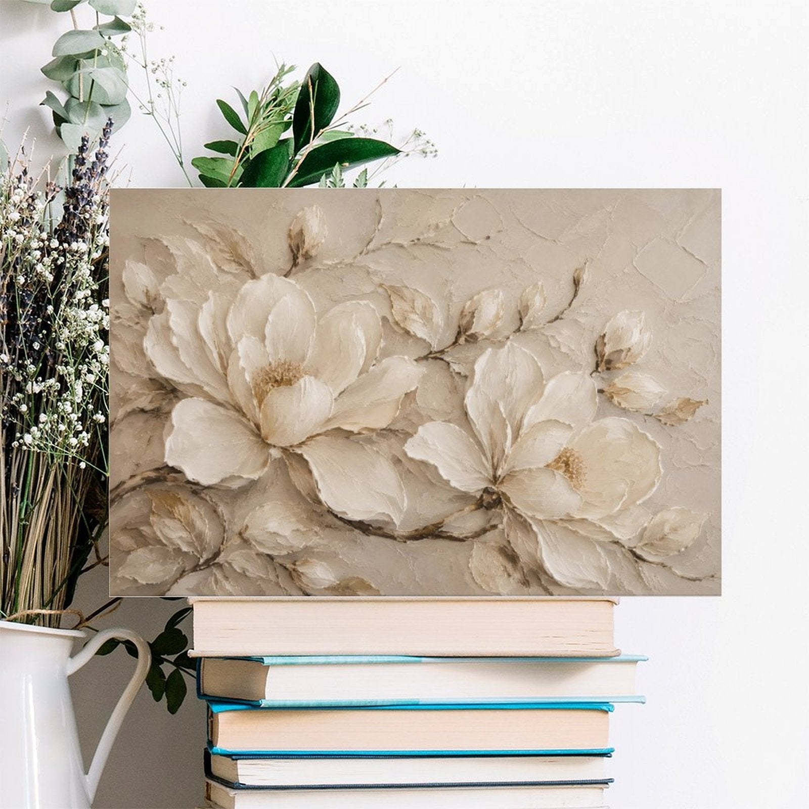Cream Magnolia Textured Relief Framed Canvas Wall Art | Neutral Luxury Floral Print