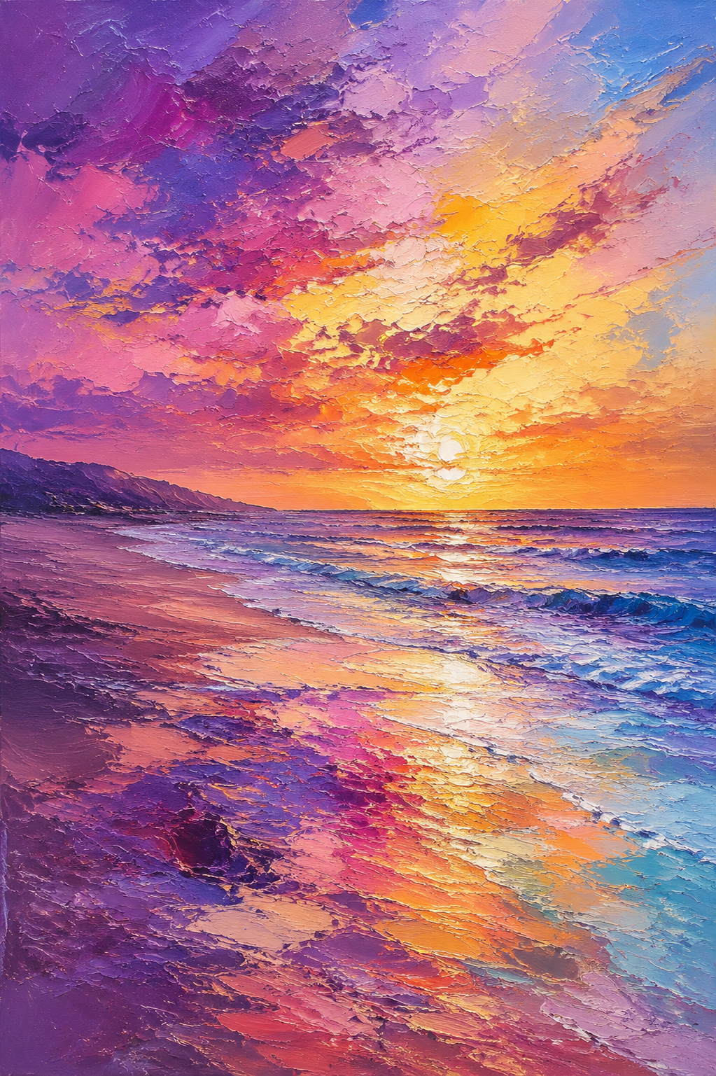 Purple Orange Sunset Beach Framed Canvas Wall Art | Vibrant Coastal Seascape Print