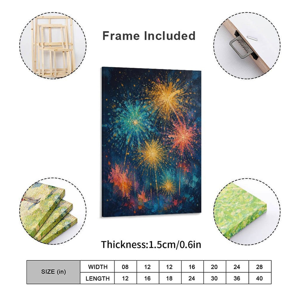 Colorful Fireworks Night Sky Impressionist Framed Canvas Wall Art | Festive Celebration Print